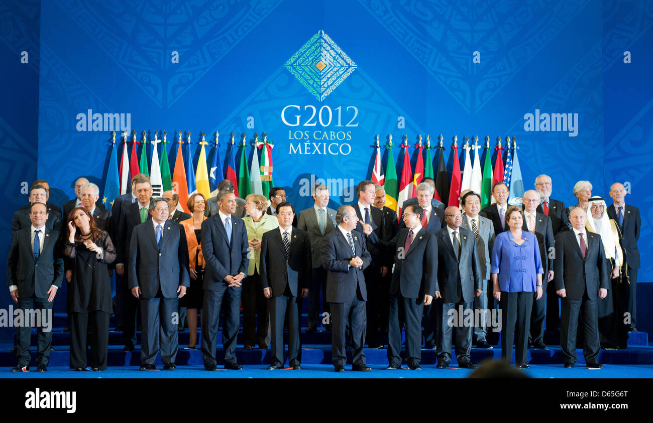 Chefs d'État et de gouvernement du G20 posent pour la photo de famille au sommet du G20 de Losa Cabos, Mexico, 18 juin 2012. Chefs d'État et de gouvernement du G20 se sont réunis pour un sommet de deux jours dans l'exclusive station balnéaire sur la côte du Pacifique. Photo : Grimm par les pairs Banque D'Images