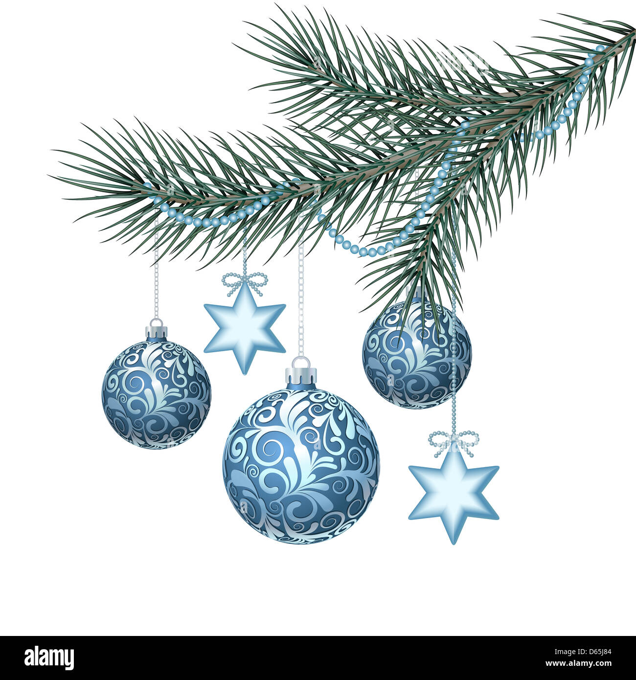 Boules de Noël bleu vert sur la direction générale de l'épinette Photo  Stock - Alamy