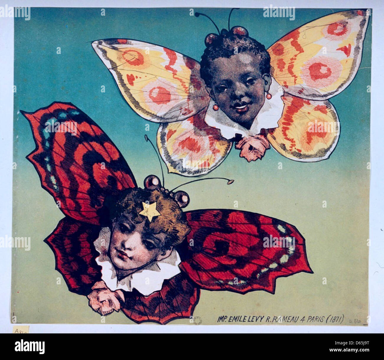 Cette publicité française vintage pour *femmes papillons* présente une affiche de cirque sur le thème des papillons, mettant en valeur le mélange de performance de cirque et l'imagerie fantaisiste et fantastique des papillons dans un style promotionnel vintage. Banque D'Images