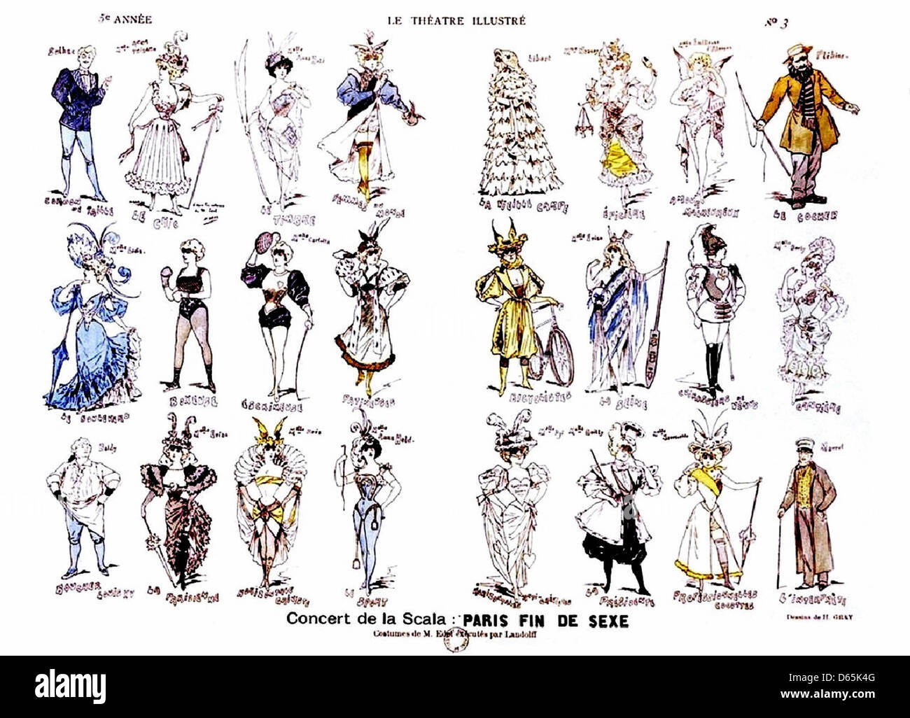 Affiche publicitaire française vintage pour le concert de la Scala, avec un costume de cirque et des thèmes théâtraux. L'image capture l'atmosphère culturelle animée et vibrante de Paris au tournant du XXe siècle. Banque D'Images