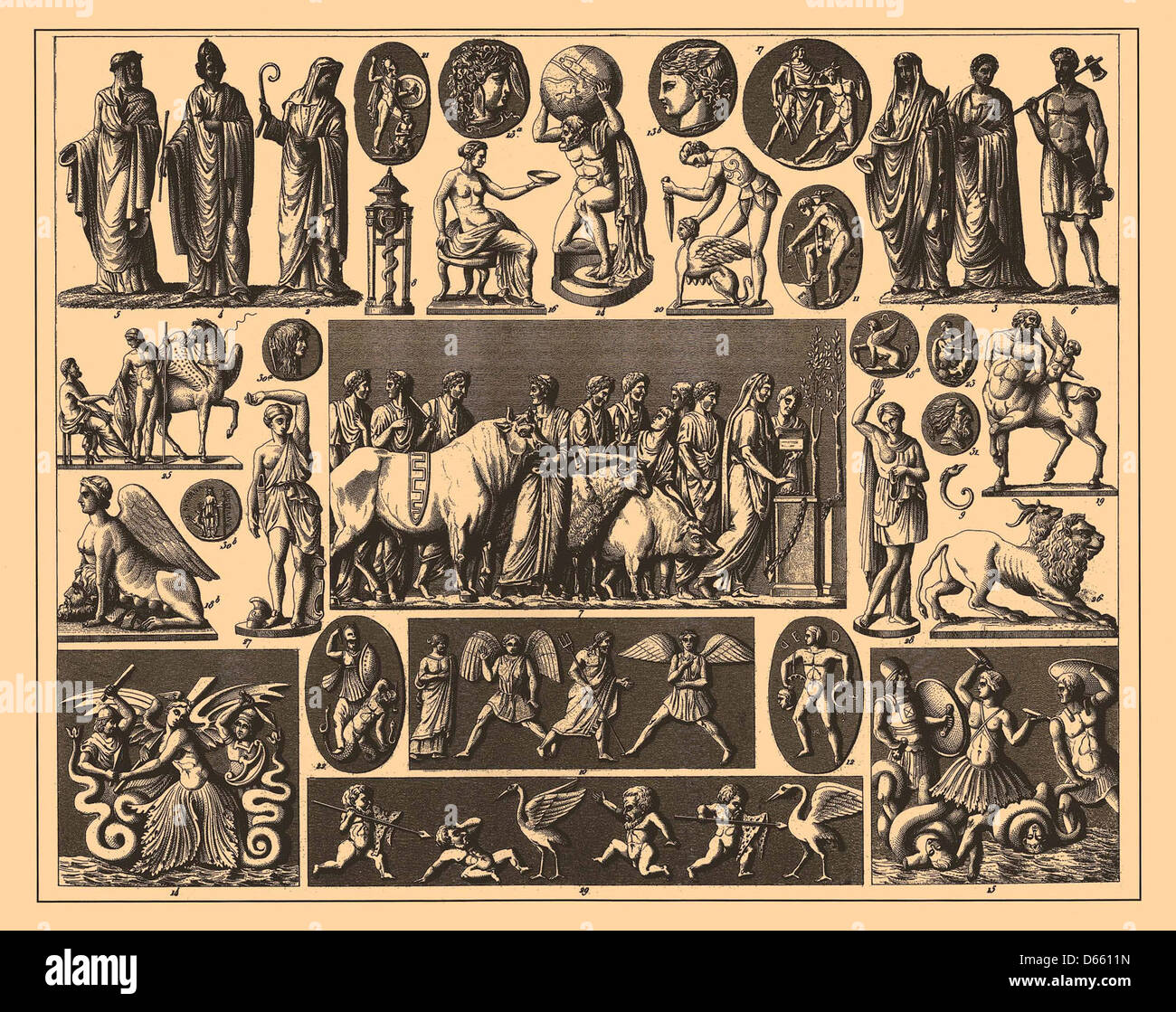 Illustration du XIXe siècle tirée du dictionnaire encyclopédique Brockhaus et Efron représentant la mythologie grecque, y compris les dieux et les déesses. Ce travail encyclopédique était l'un des documents de référence russes les plus importants de son temps. Banque D'Images
