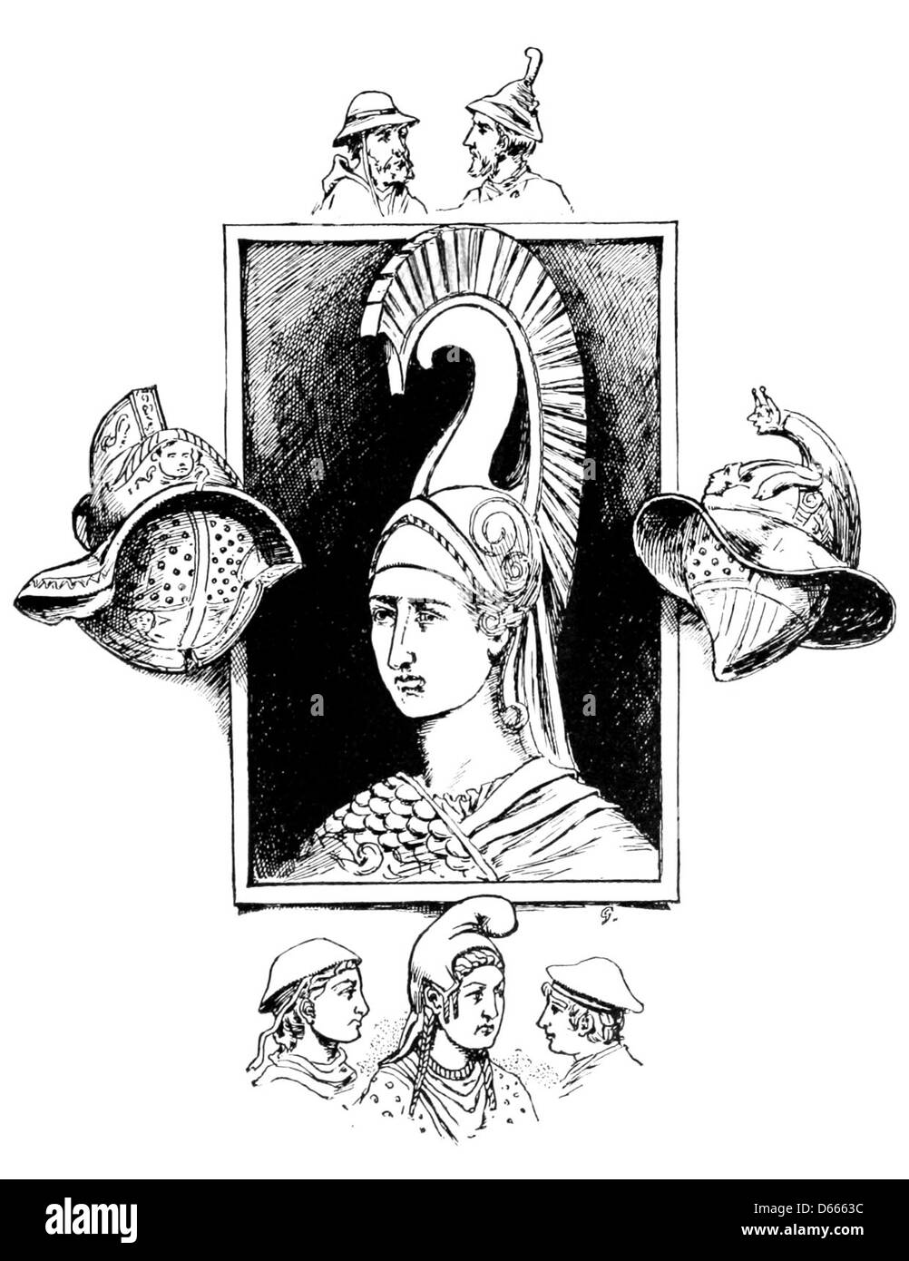 Un traité de 1885 explorant l'histoire de la coiffure pour hommes, en se concentrant sur les styles anciens et modernes. Le travail comprend un aperçu des traditions grecques de coiffure et de l'évolution des chapeaux à travers différentes cultures et périodes. Banque D'Images