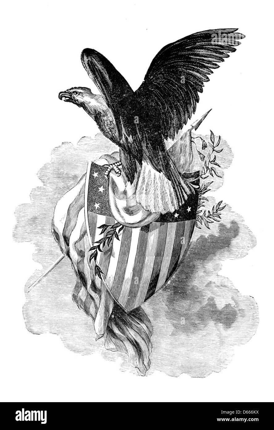 Cette image est tirée du journal intime d'Osborn H. Oldroyd, racontant ses expériences pendant le siège de Vicksburg. La photographie comprend une représentation symbolique d'un aigle et d'un drapeau, représentant les États-Unis pendant la guerre de Sécession. Banque D'Images