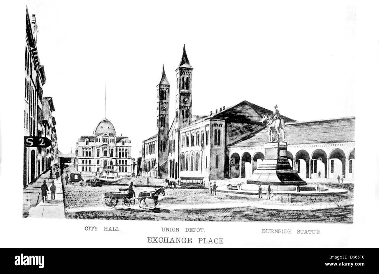 Une image souvenir de 1888 de Providence, Rhode Island, montrant des lieux importants tels que la statue de Burnside, Exchange place et Union Depot. La photographie capture les principaux monuments et le paysage urbain de la ville à la fin du XIXe siècle. Banque D'Images