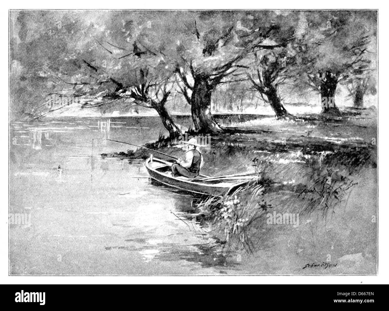 Cette image de 1894 représente une scène calme de pêche au bord de l'eau, avec des arbres et un environnement serein. L'accent est mis sur la tranquillité de l'environnement, typique des activités de loisirs à la fin du XIXe siècle. Banque D'Images