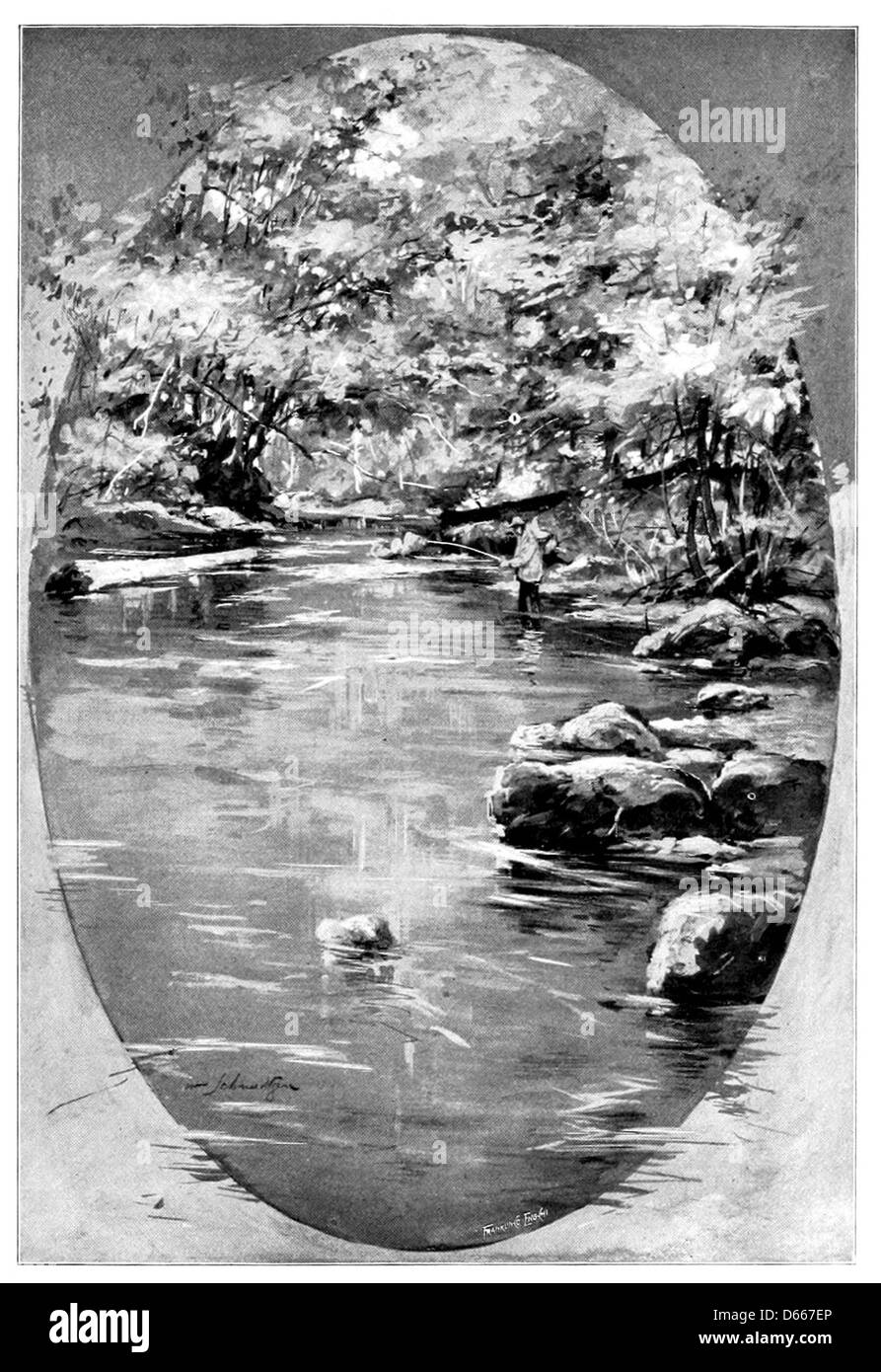 Une image de 1894 représentant un étang de pêche lors d'une grève des Big Weeklies de Boyce. La photographie capture l'immobilité et le calme de l'étang, reflétant probablement les suites tranquilles de la grève, avec la nature comme toile de fond. Banque D'Images