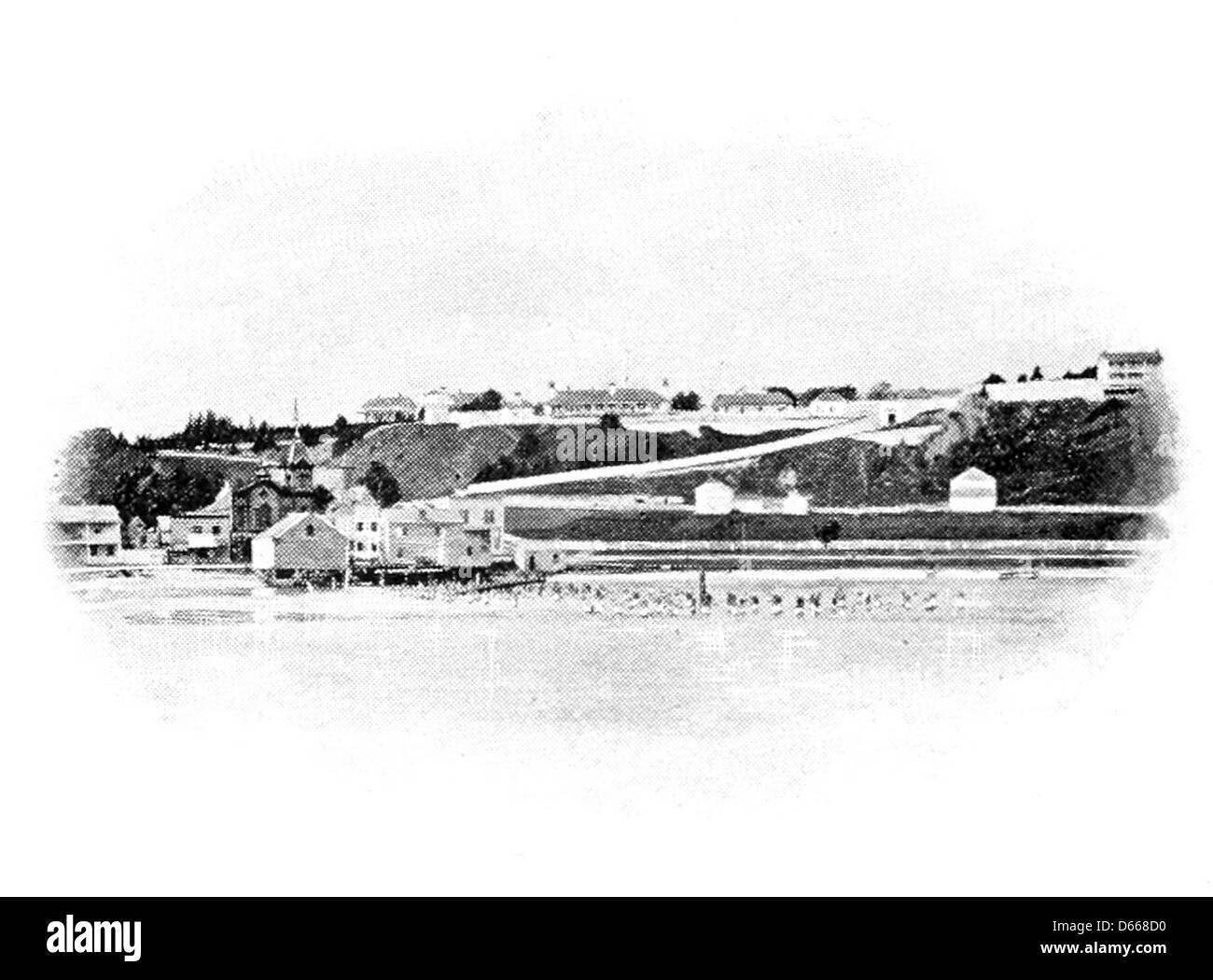 Cette image tirée de « A Summer Note-Book » (1895) représente un promontoire tranquille surplombant une petite ville. L'illustration capture les qualités calmes et pittoresques de la vie rurale à la fin du XIXe siècle, reflétant le rythme de vie plus lent dans les petites villes. Banque D'Images