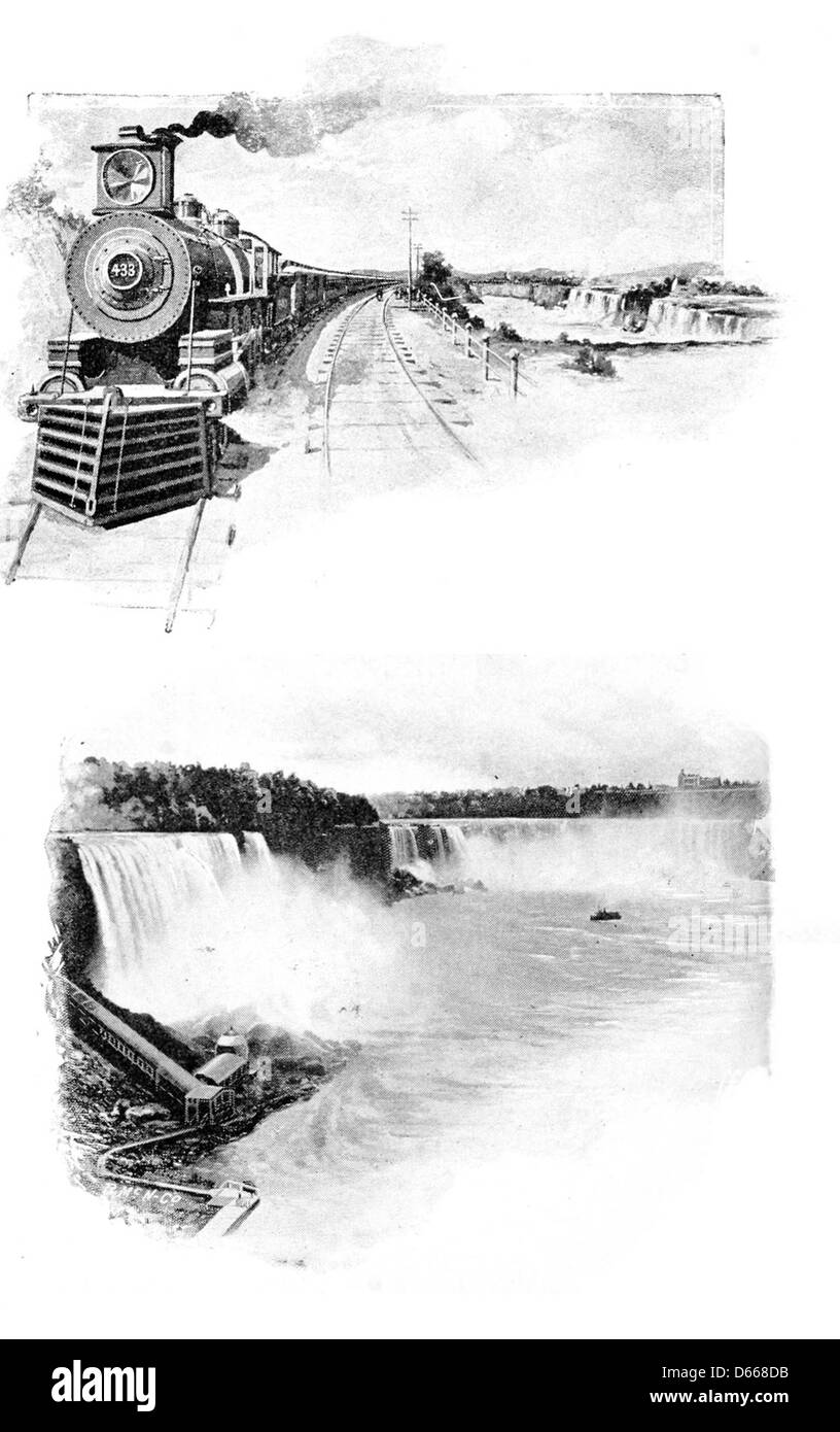 Illustration tirée du « Summer Note-Book » de 1895, capturant la vue emblématique des chutes du Niagara. L'image montre les touristes voyageant à la merveille naturelle en train, soulignant le rôle historique de l'attraction dans le tourisme américain. Banque D'Images