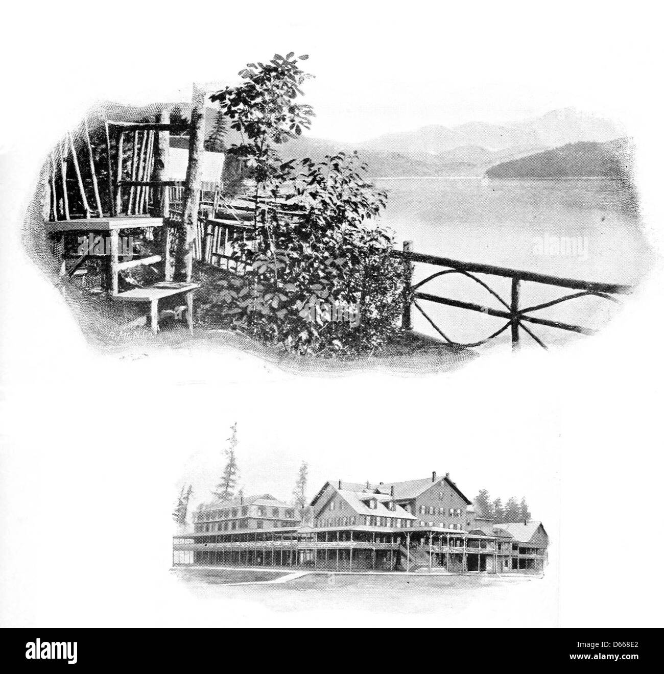 Illustration ou photographie de 1895 d'une station balnéaire avec terrasse et patio, offrant une vue panoramique sur les environs. Banque D'Images