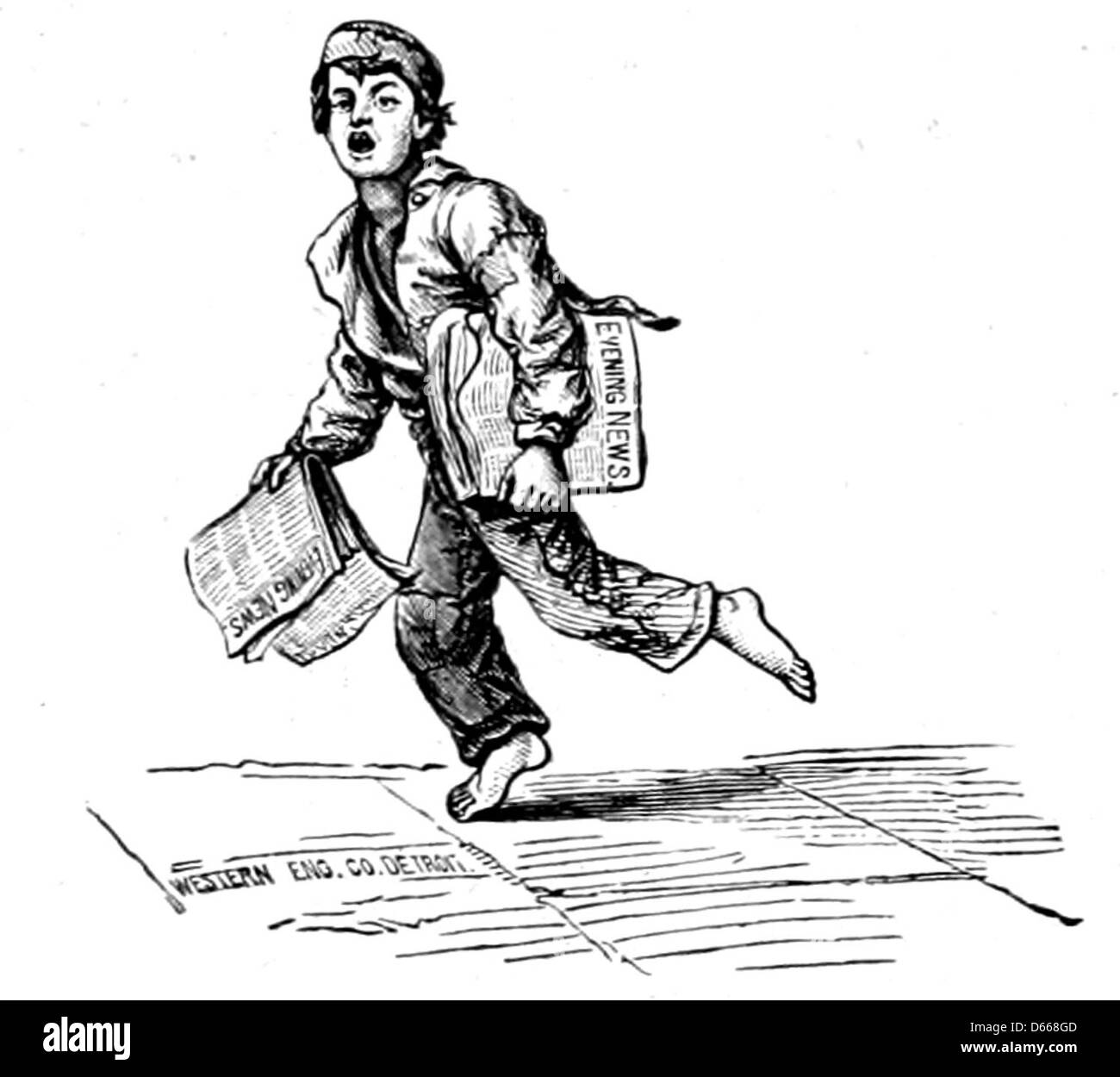 Une illustration de 1879 capturant des vacances d'été dans les montagnes blanches, mettant l'accent sur un paperboy pieds nus, emblématique des activités de loisirs de l'enfance à l'époque. Banque D'Images