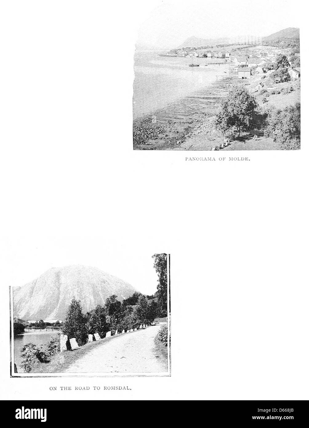 Une photographie de vacances d'été en 1898, capturant le paysage pittoresque de Molde dans la région de Romsdal en Norvège. L'image présente les superbes fjords, les montagnes et la beauté naturelle qui caractérisent cette destination du nord de l'Europe. Banque D'Images