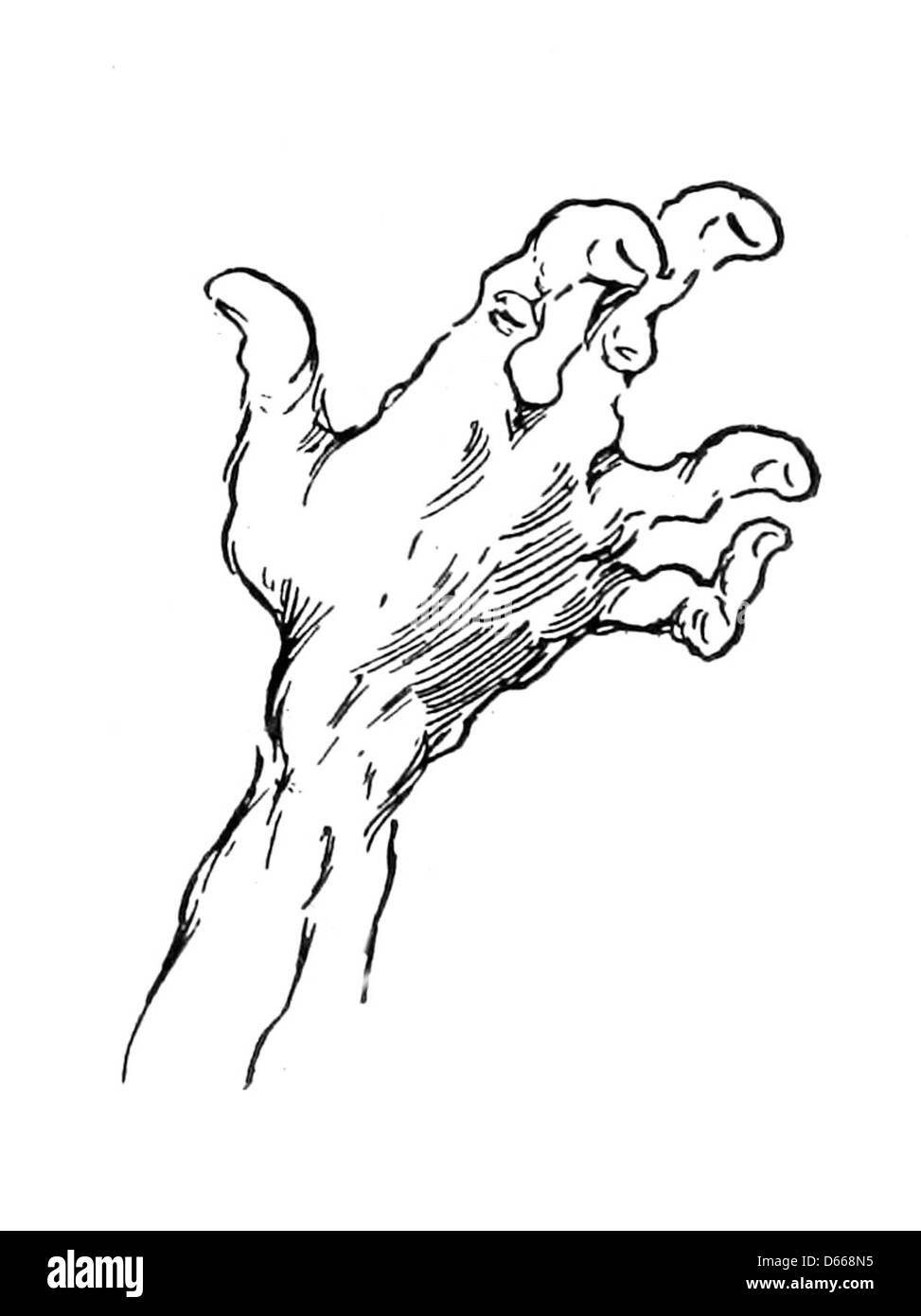 Cette image de 1894 illustre une scène dramatique tirée de « A Tale of a Halo », avec une puissante main tendue pour un halo. L'imagerie représente des thèmes de lutte et d'intervention divine, typiques du contexte narratif. Banque D'Images