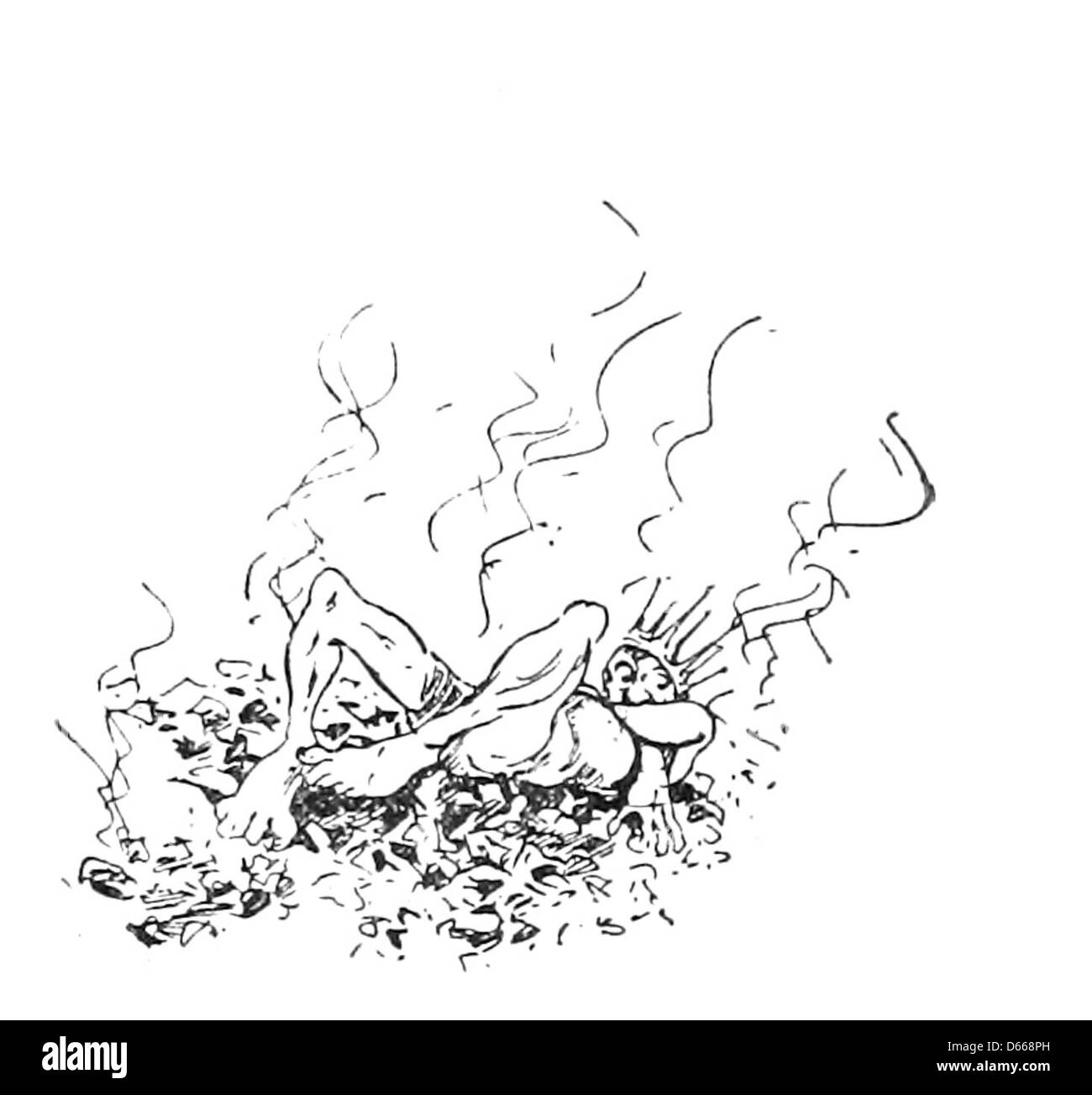 Cette illustration de 1894 accompagne 'A Tale of a Halo', un récit qui explore les thèmes de la souffrance et de l'imagerie sulfureuse, symbolisant les expériences douloureuses semblables à des tourments infernaux, en particulier à travers la représentation du charbon et du feu. Banque D'Images