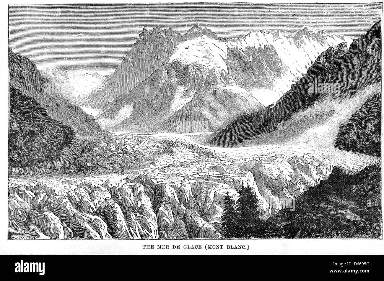 Une illustration tirée de 'A Tramp Abroad' (1885), représentant le Mont Blanc et la mer de glace, capturée à travers les perspectives de divers artistes, mettant en valeur des paysages européens. Banque D'Images