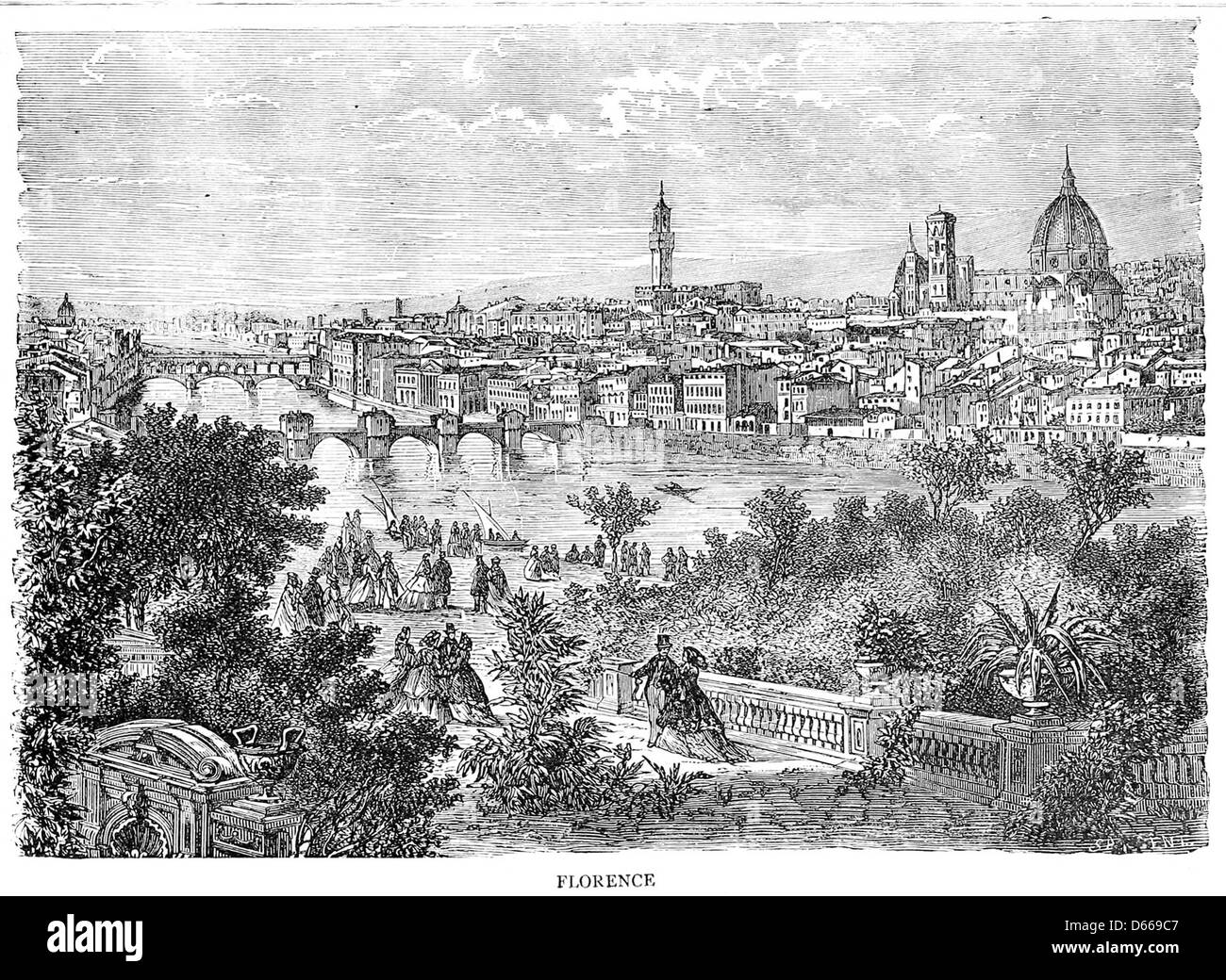 Une illustration tirée de 'A Tour Around the World by General Grant' (1879) montrant une scène à Florence, en Italie. L'image reflète les moments forts des voyages du général Ulysses S. Grant à travers l'Europe et son séjour en Italie. Banque D'Images