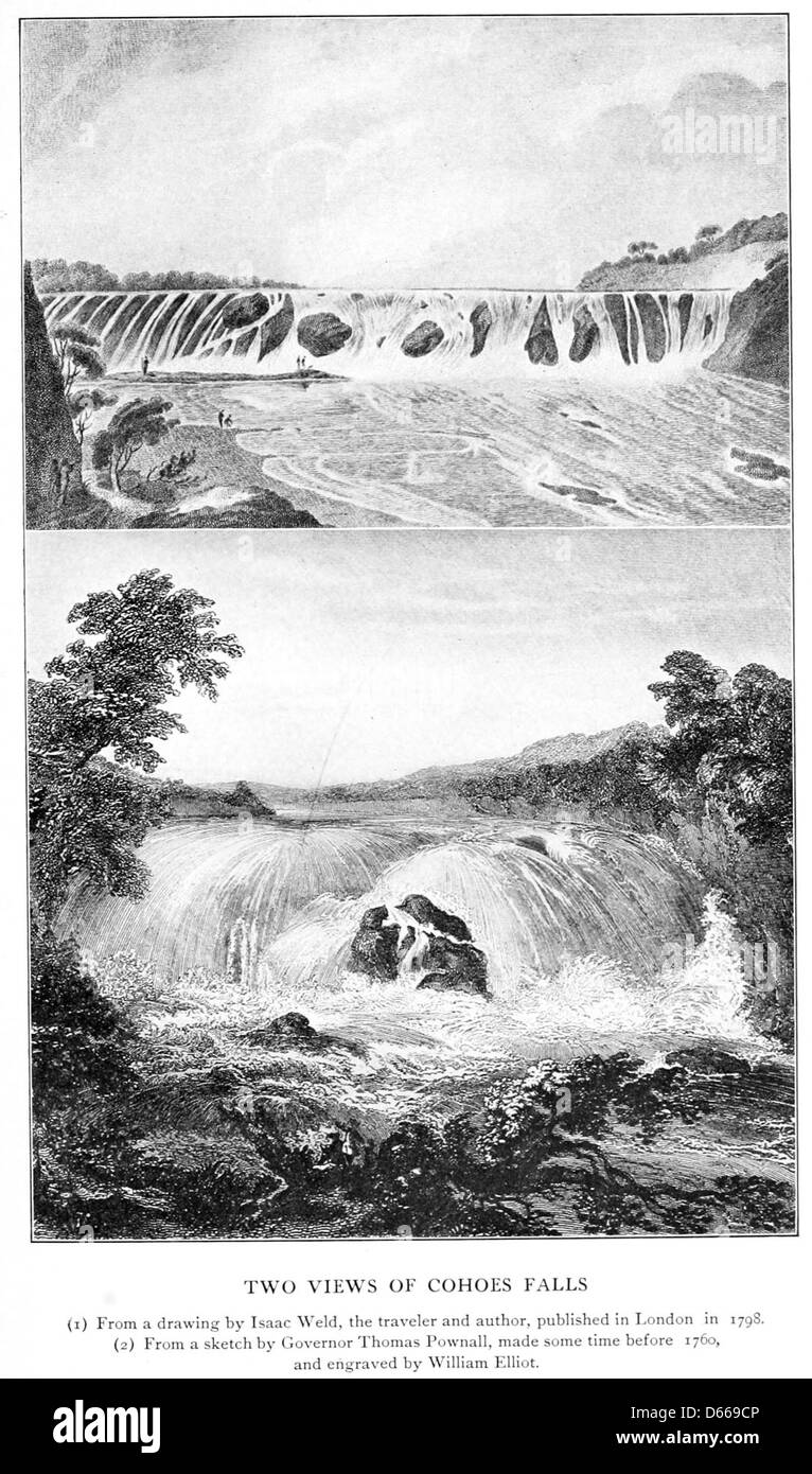 Une illustration tirée du journal de 1906 'A Tour of four Great Rivers', montrant Cohoes Falls le long de la rivière Mohawk. Cette image offre une vue des chutes vues par Richard Smith en 1769 lors de son voyage. Banque D'Images