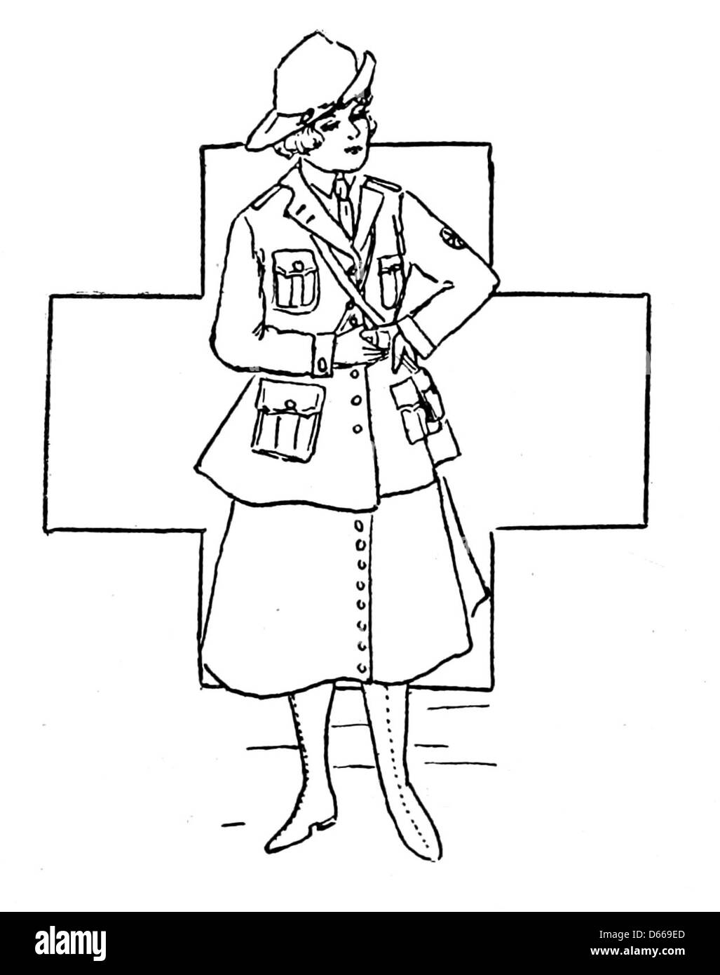 Une illustration de 1917 intitulée « Un toast à la femme, à travers le langage des fleurs », symbolisant probablement la contribution des femmes pendant la première Guerre mondiale, avec un accent sur les travailleurs de la Croix-Rouge et leur rôle dans les efforts de guerre. Banque D'Images