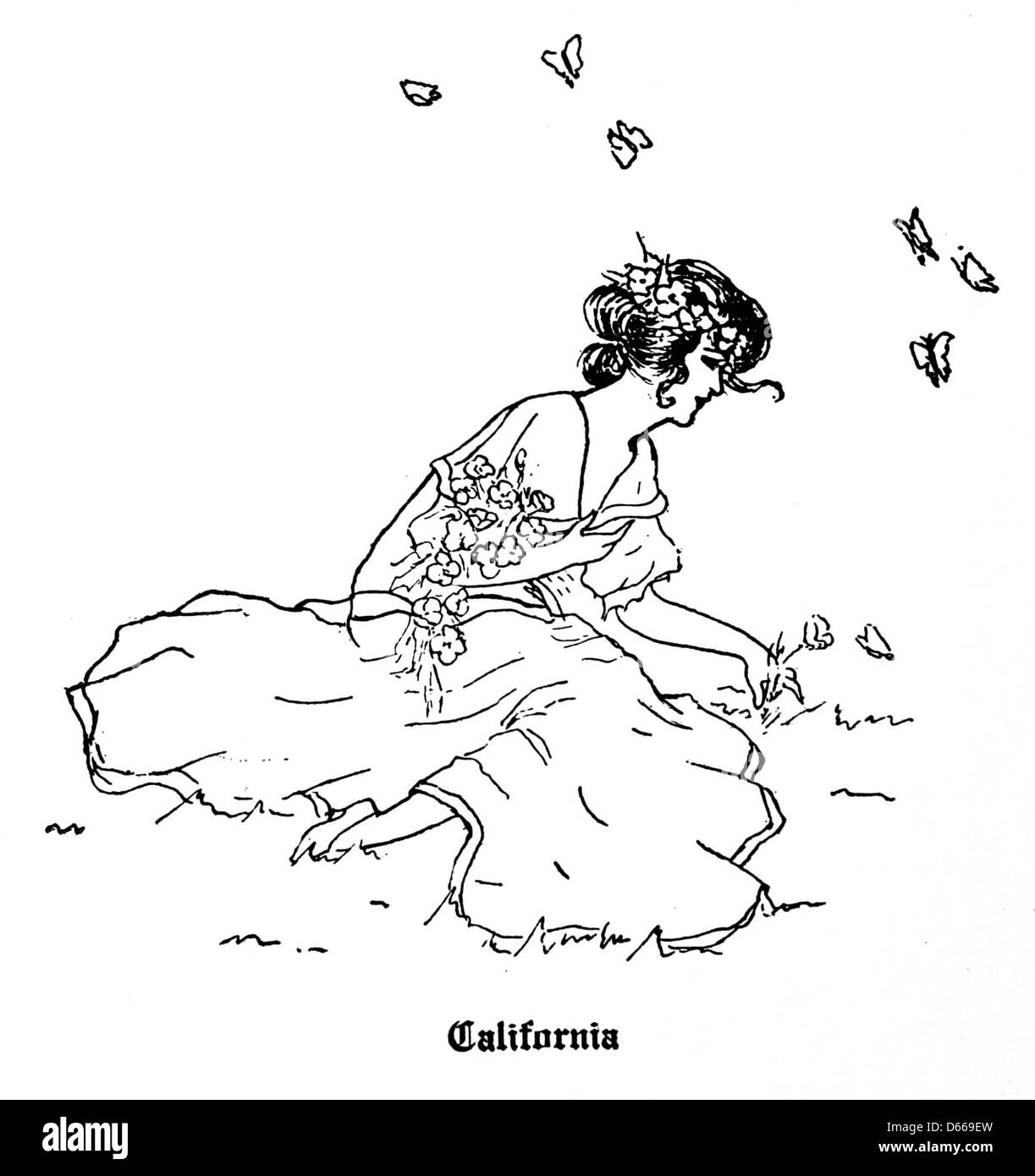 Une image tirée de 'A Toast to Woman, Through the Language of Flowers' (1917), situé en Californie. L'illustration présente des fleurs symbolisant l'admiration, le respect et l'amour pour les femmes, un thème populaire dans la symbolique florale du début du XXe siècle. Banque D'Images