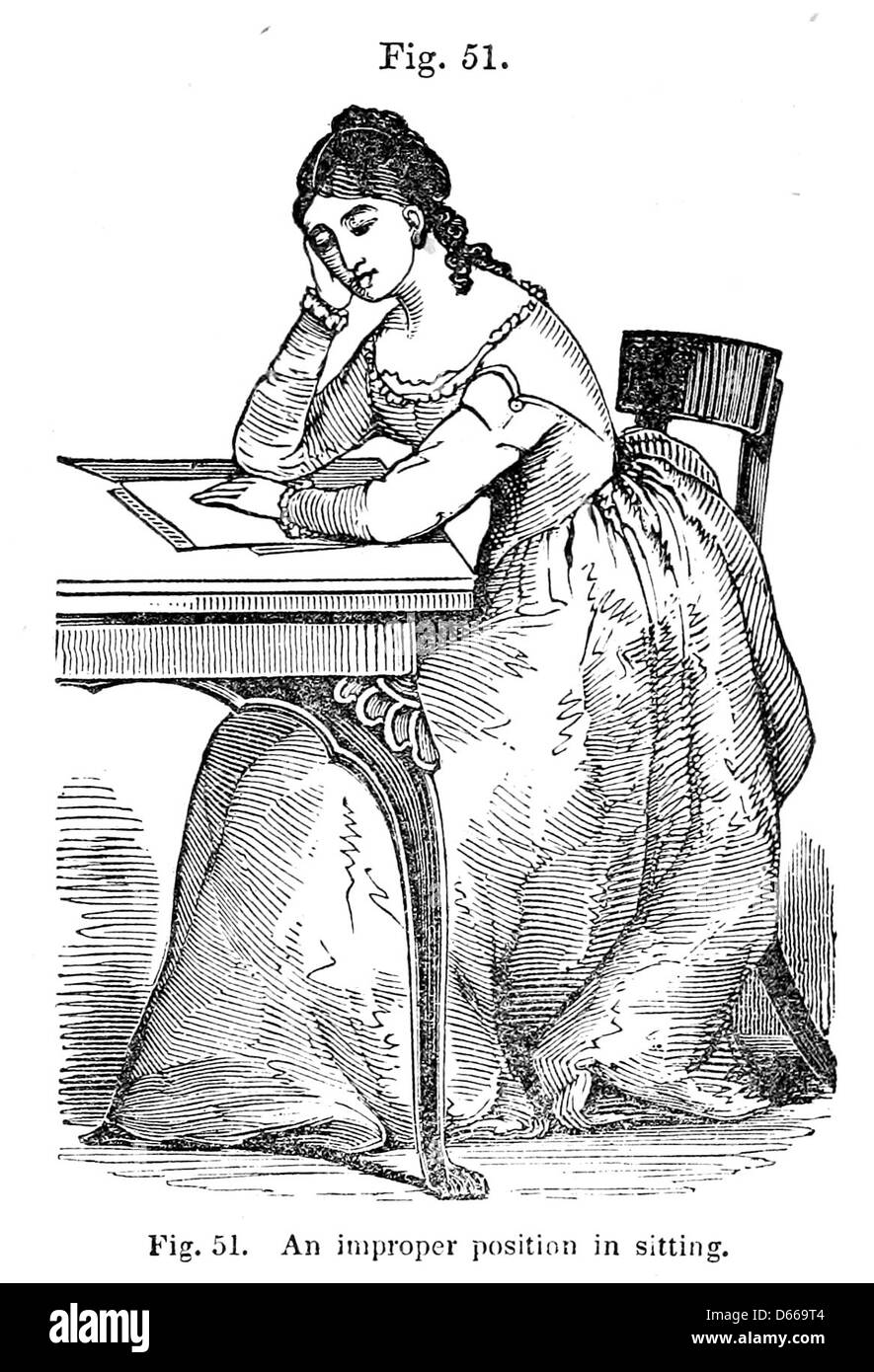 Cette image est tirée de 'A Treatise on Anatomy, Physiology, and Hygiene' (1849), montrant une figure lisant à une table, représentant peut-être une posture correcte ou une scène pédagogique liée aux pratiques de santé et d'hygiène au cours du XIXe siècle. Banque D'Images