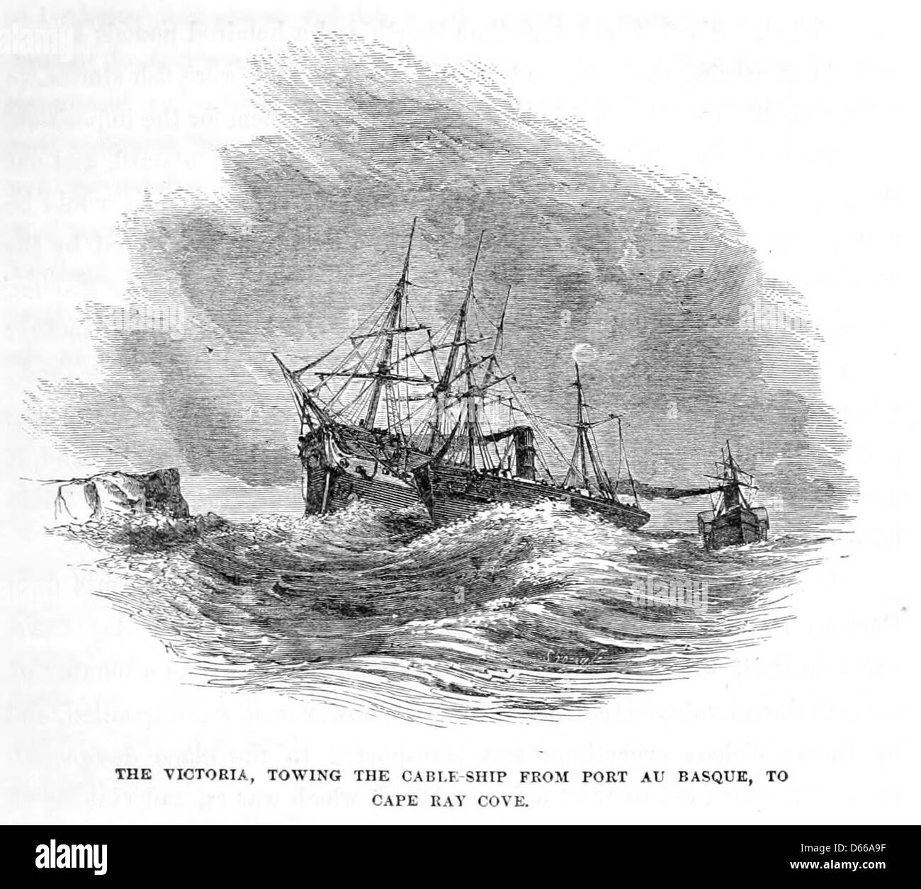 Une image de 1855 montrant les paysages pittoresques de Terre-Neuve et ses pêches, ainsi qu'une représentation de la pose du câble télégraphique sous-marin. L’image met en valeur la beauté naturelle de la région et les avancées technologiques de l’époque. Banque D'Images