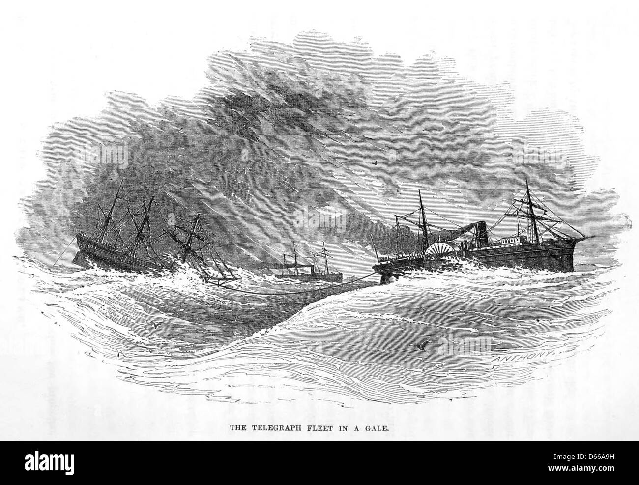 Cette image de 1855 documente une flotte télégraphique naviguant dans un vent, mettant en évidence le périlleux voyage lors de la pose du câble télégraphique sous-marin entre Terre-Neuve et l'Europe. L'image illustre les défis auxquels est confrontée la télégraphie précoce. Banque D'Images