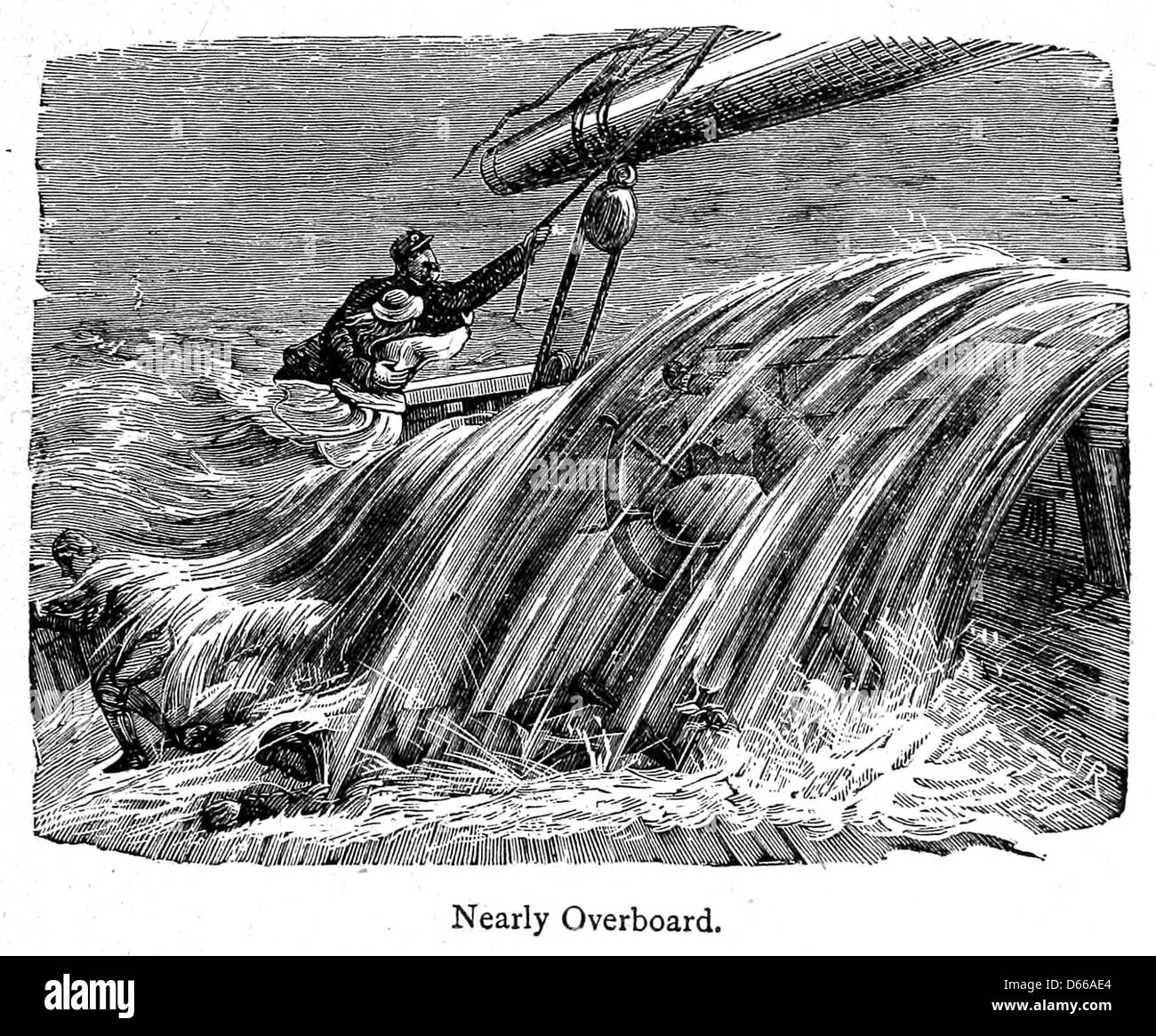 Une illustration tirée de 'A voyage in the Sunbeam' (1892), représentant une scène où un personnage évite de justesse d'être jeté par-dessus bord. Ce moment capture les dangers du voyage en mer et l'excitation de l'aventure en mer. Banque D'Images Une illustration tirée de 'A voyage in the Sunbeam' (1892), représentant une scène où un personnage évite de justesse d'être jeté par-dessus bord. Ce moment capture les dangers du voyage en mer et l'excitation de l'aventure en mer. Banque D'Images
