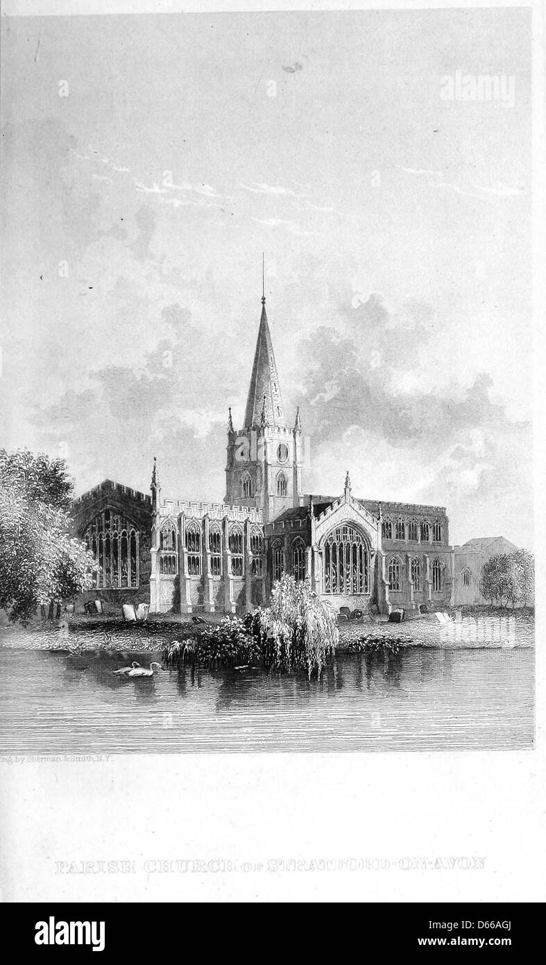 Une illustration de 1855 tirée de 'un ours de Wall-Street en Europe', représentant l'église paroissiale de Stratford-upon-Avon, présentant l'architecture historique de l'église dans le cadre de la tournée européenne de l'auteur. Banque D'Images