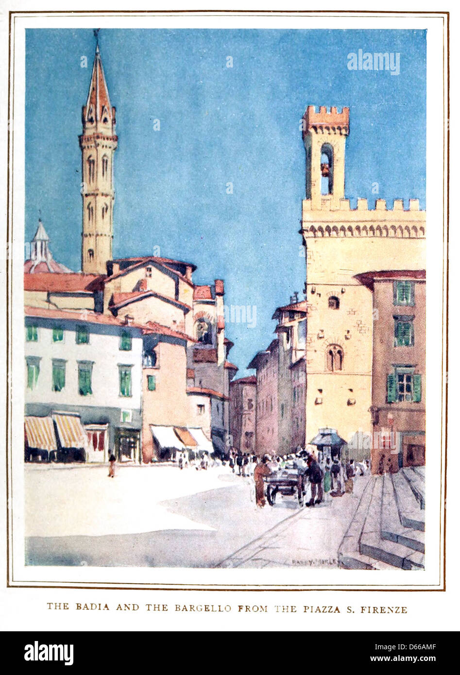 Une photographie de 1912 tirée de 'A Wanderer in Florence', représentant la Badia Fiorentina et le Bargello, deux bâtiments historiques importants situés à Florence, en Italie. La photographie capture également la Piazza San Firenze, une place florentine emblématique. Banque D'Images