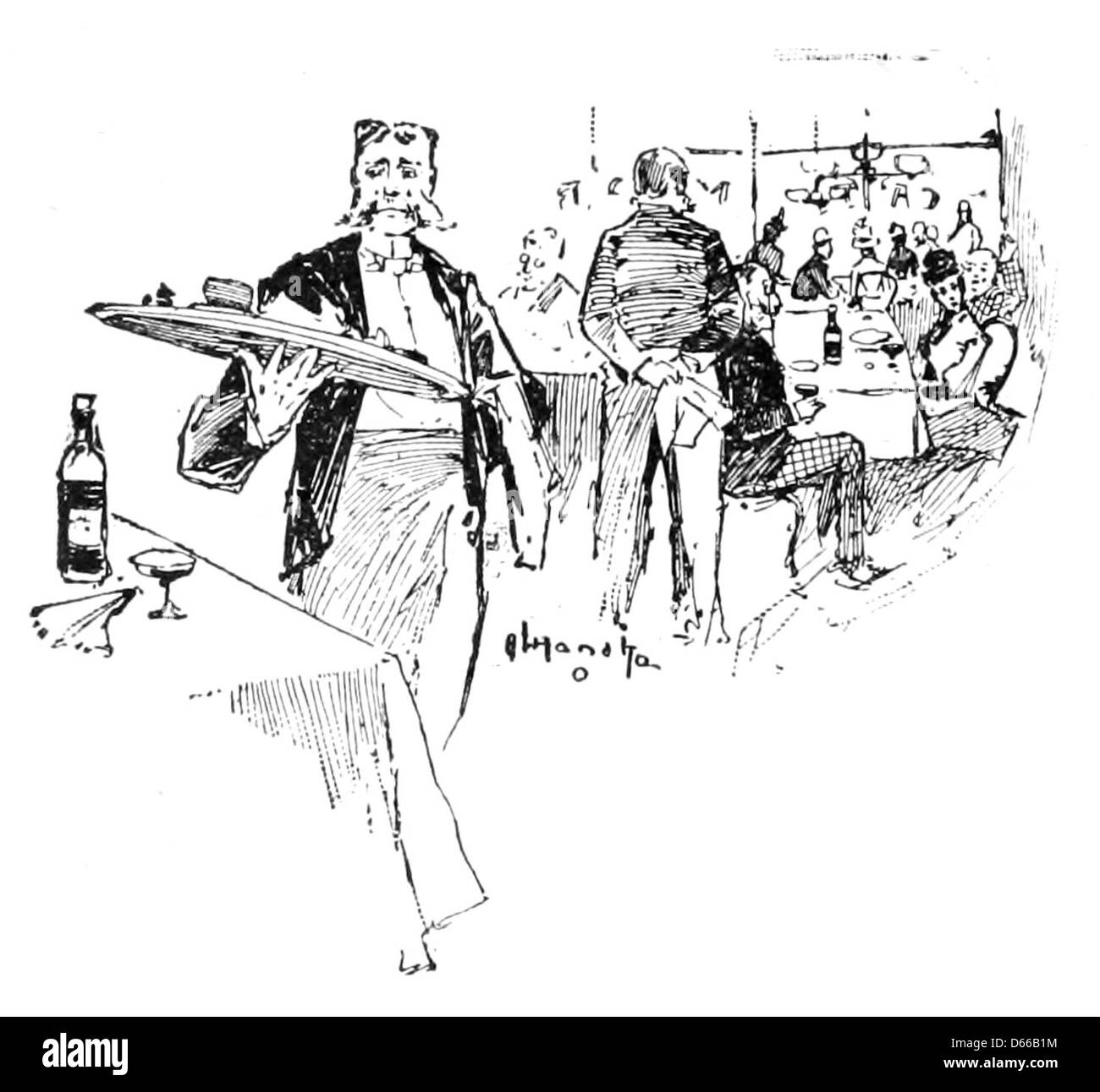 Cette photographie capture la vie quotidienne à New York en 1891, mettant en vedette un serveur de café en uniforme. Il offre un aperçu de l'atmosphère animée de la ville pendant l'âge d'Or, soulignant les aspects culturels et sociaux de l'époque. Banque D'Images