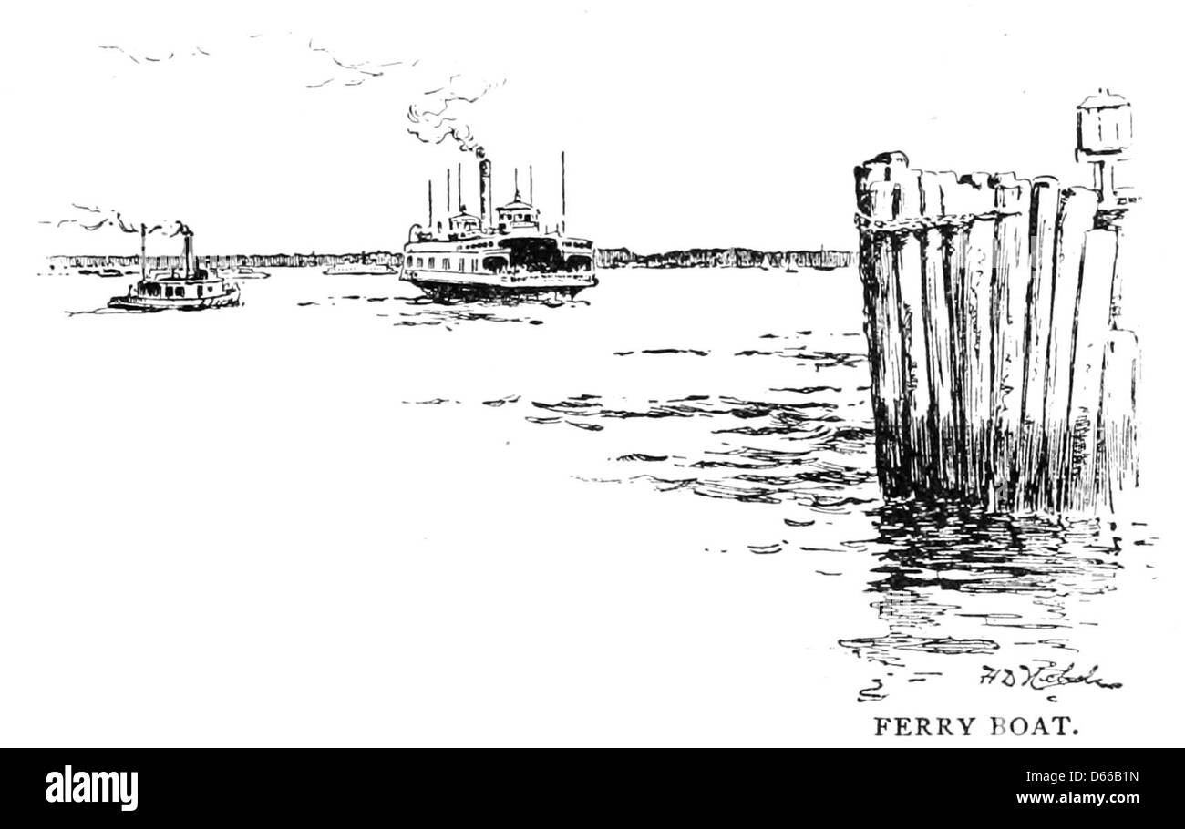 Une illustration de 1891 tirée de 'A week in New York', montrant un ferry sur les eaux de New York. L'image illustre l'importance des traversiers dans le transport urbain à la fin du XIXe siècle. Banque D'Images