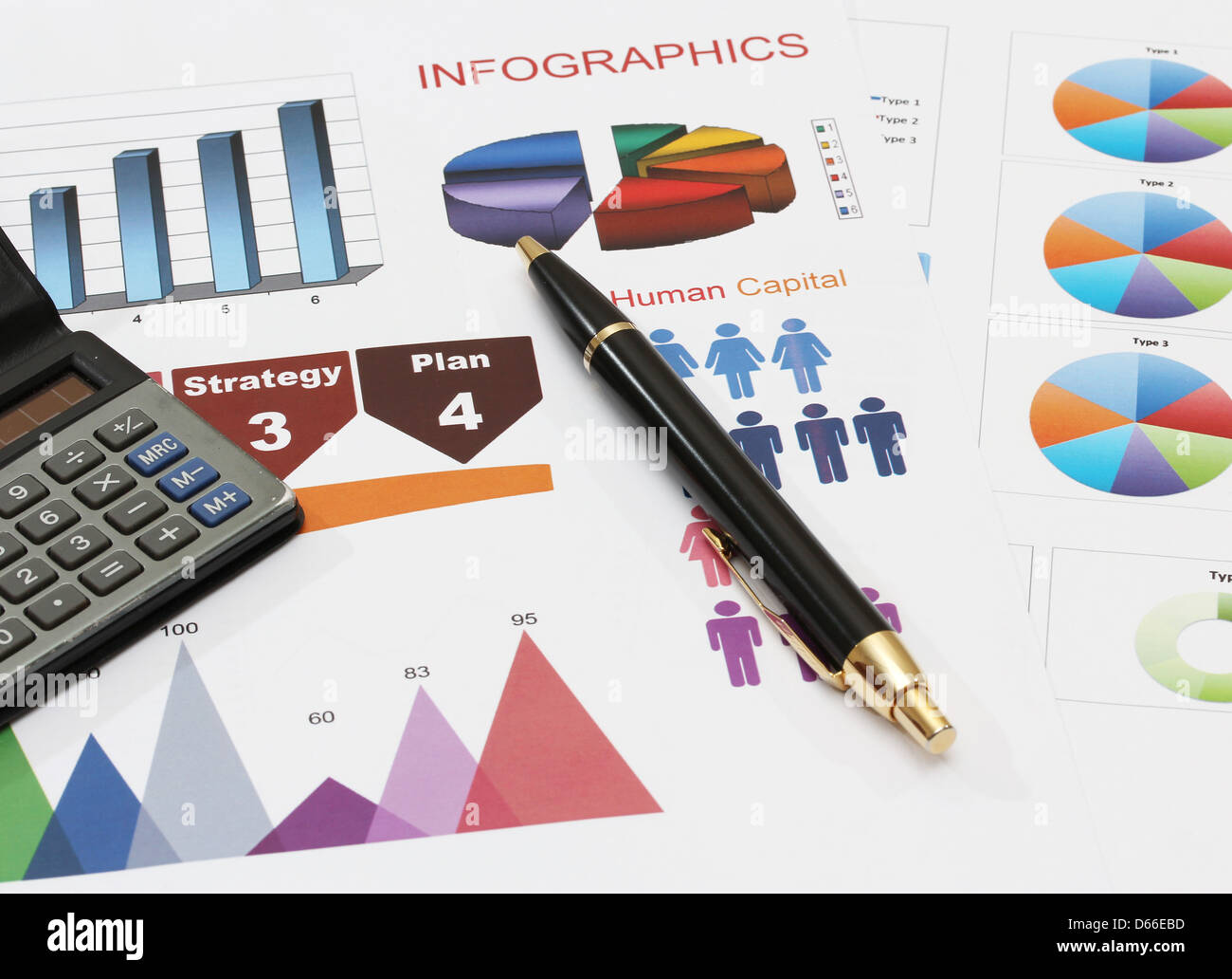 Droit de l'info graphiques pour business report avec stylo et calculatrice Banque D'Images