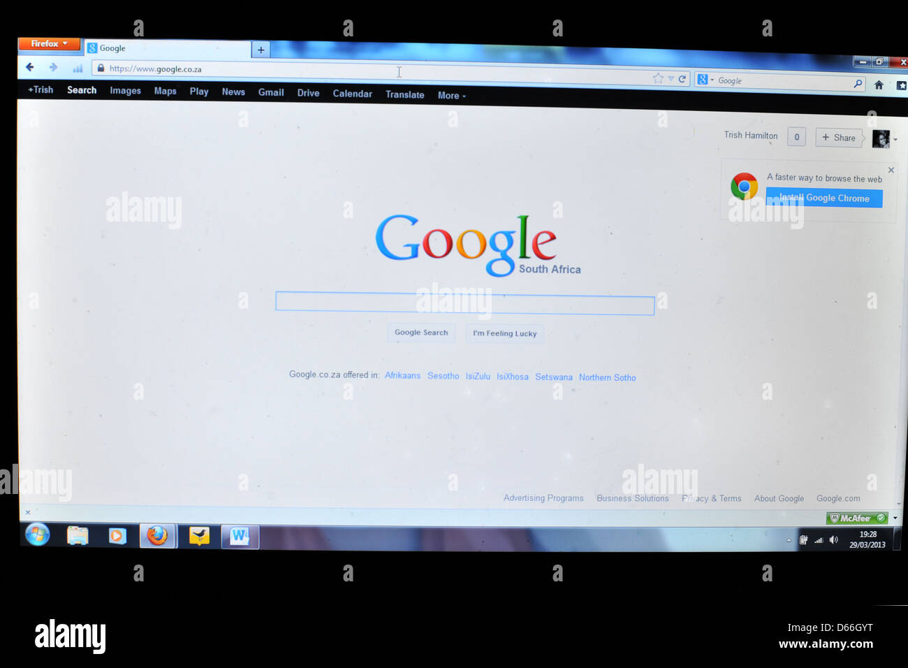 Image d'un écran de l'ordinateur montrant l'Afrique du Sud Page d'accueil de Google. Banque D'Images