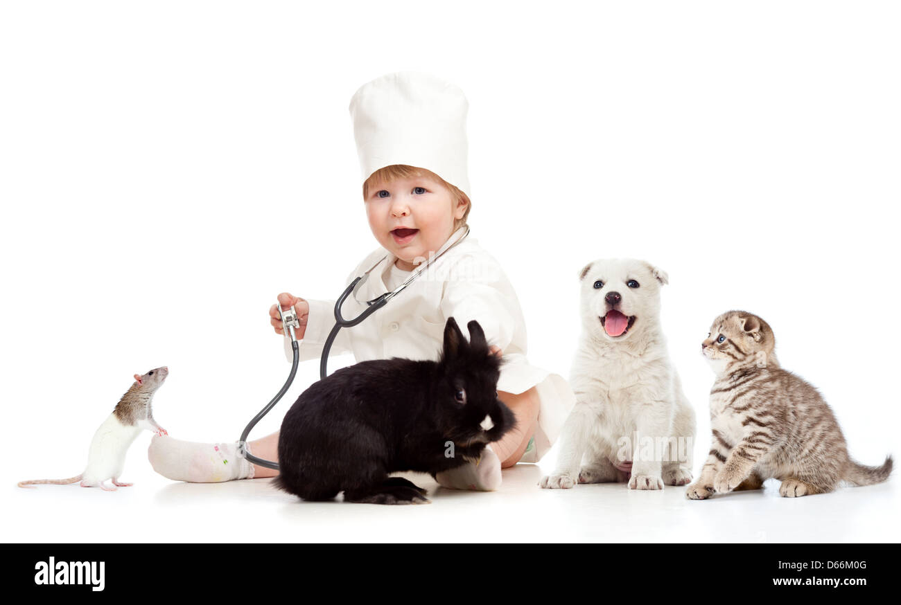 Kid petit mignon médecin examinant les animaux chien, chat, lapin et rat Banque D'Images