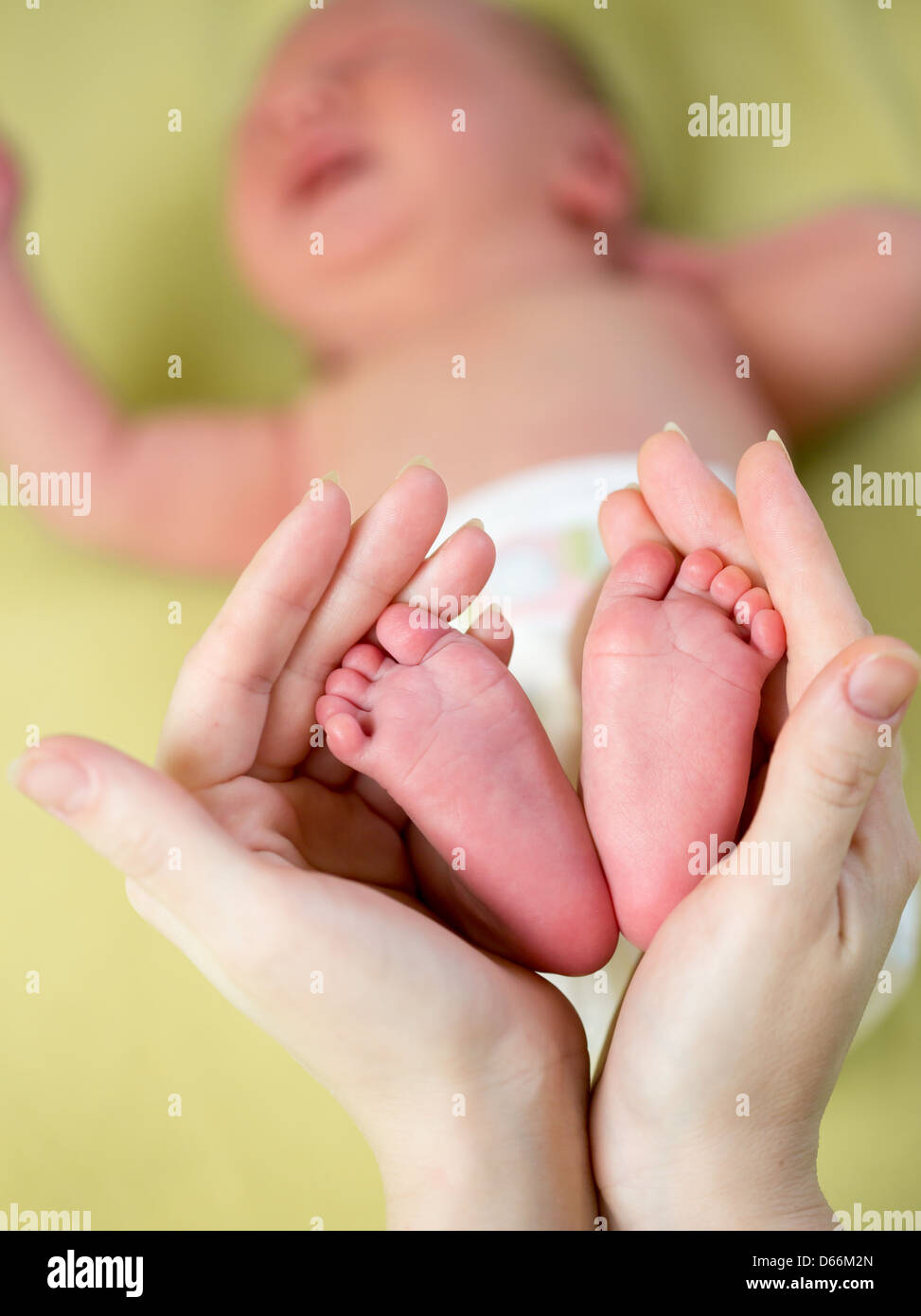 Mother's hands holding les petits pieds du bébé Banque D'Images