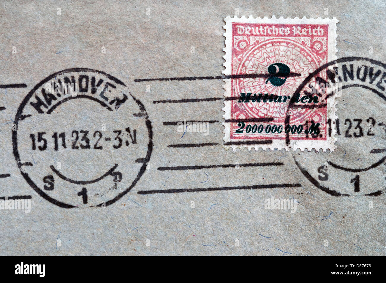 1923 2 000 millions de dollars utilisé / 000 milliards de milliards de marks / inflation allemande stamp. Banque D'Images