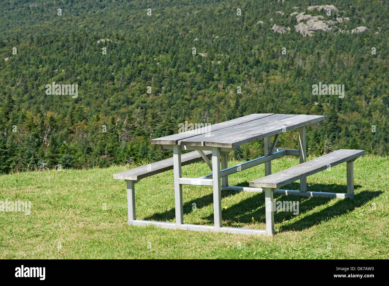 Table de pique-nique avec vue sur les montagnes couvertes de conifères. Banque D'Images