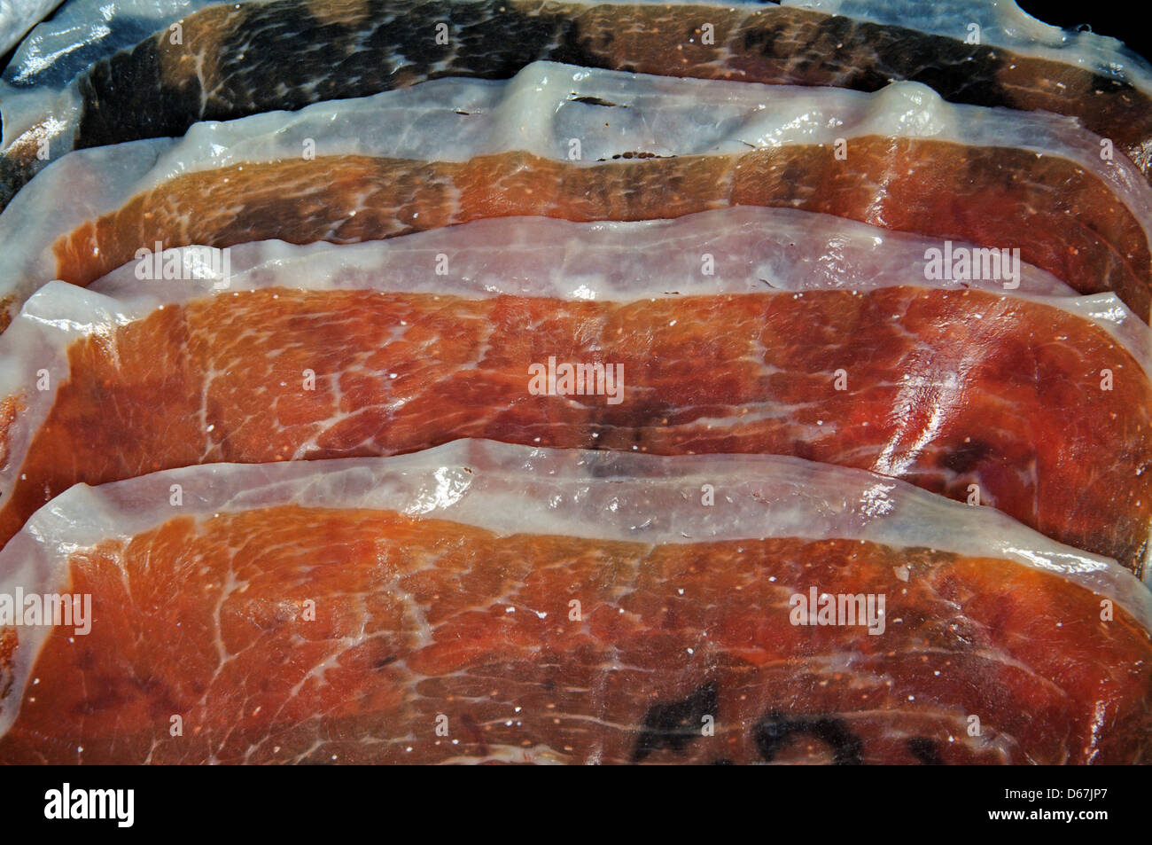 Émincé de jambon fumé espagnol - Jamon Serrano, Andalousie, Espagne, Europe de l'Ouest. Banque D'Images