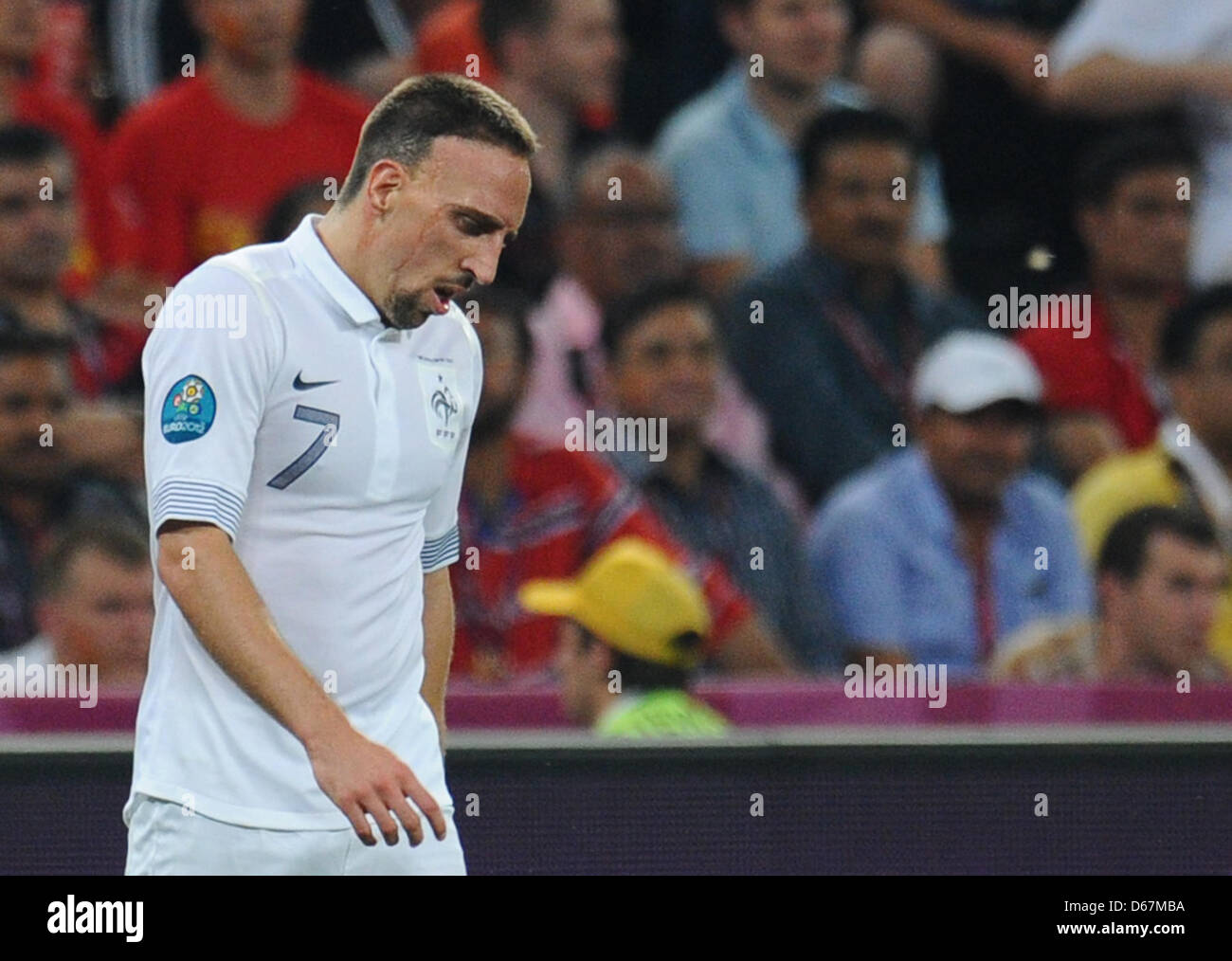 La France Franck Ribery pendant l'UEFA EURO 2012 football match de quart de finale l'Espagne contre la France lors de la Donbass Arena de Donetsk, Ukraine, 23 juin 2012. Photo : Thomas Eisenhuth dpa (veuillez vous reporter aux chapitres 7 et 8 de l'http://dpaq.de/Ziovh à l'UEFA Euro2012 Termes & Conditions)  + + +(c) afp - Bildfunk + + + Banque D'Images