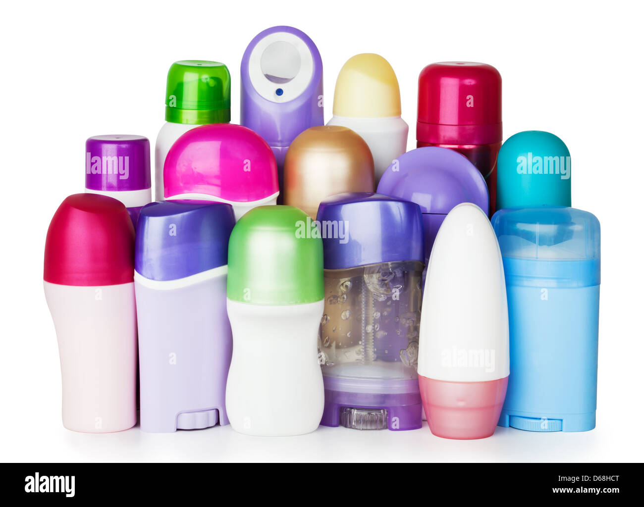 Les cosmétiques en plastique bouteilles sur fond blanc Banque D'Images