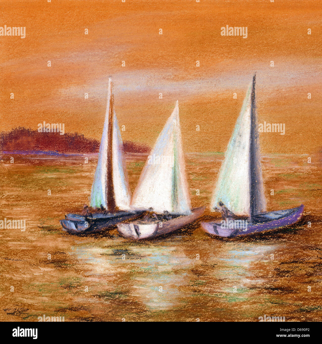Peinture, bateaux à voile en mer Banque D'Images