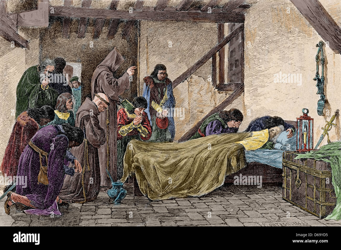 Christophe Colomb (1451-1506). Explorateur et navigateur génois. La mort de Colomb. Gravure en couleur. Banque D'Images