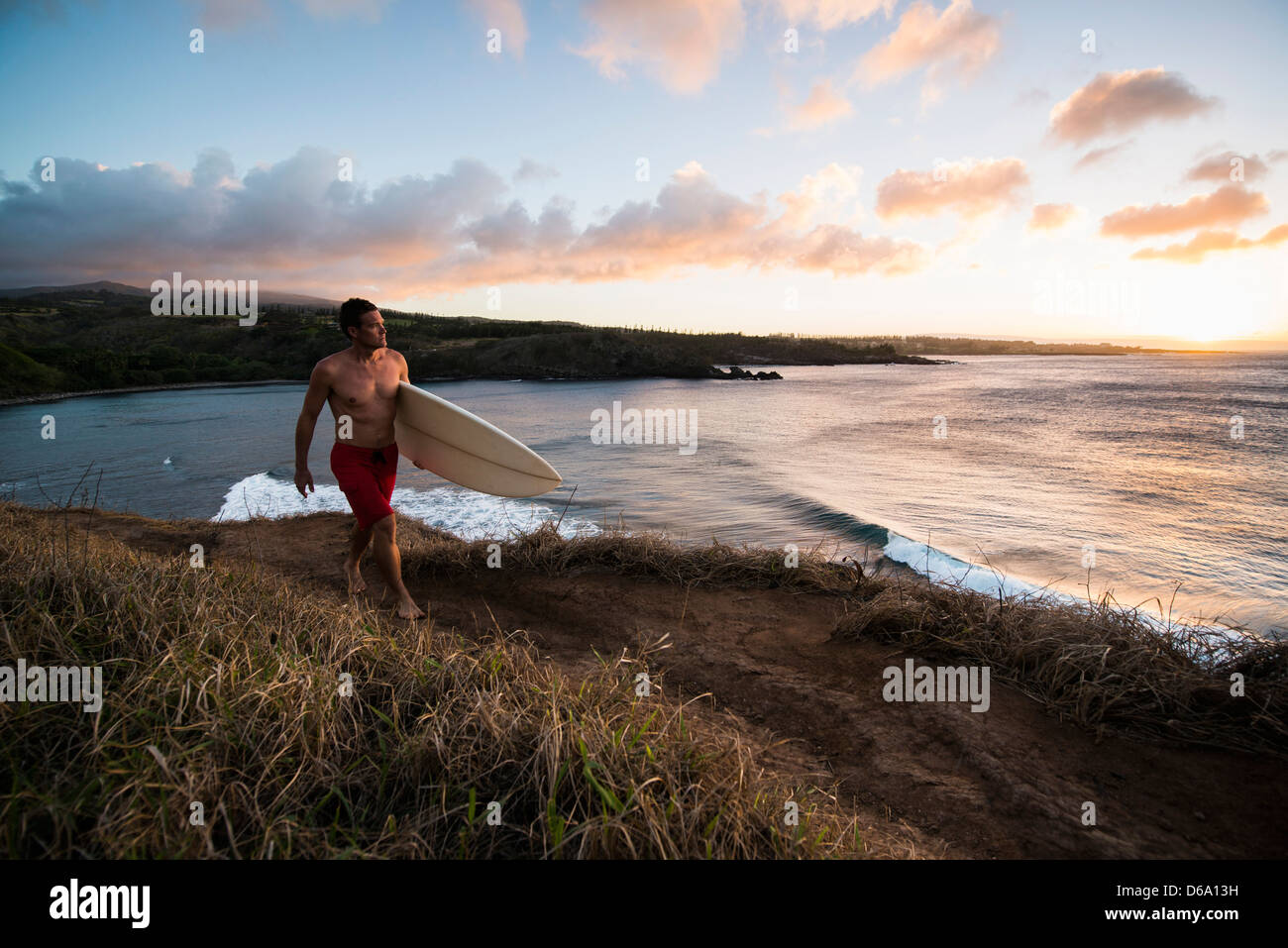 Surfer carrying board on beach Banque D'Images Surfer carrying board on beach Banque D'Images