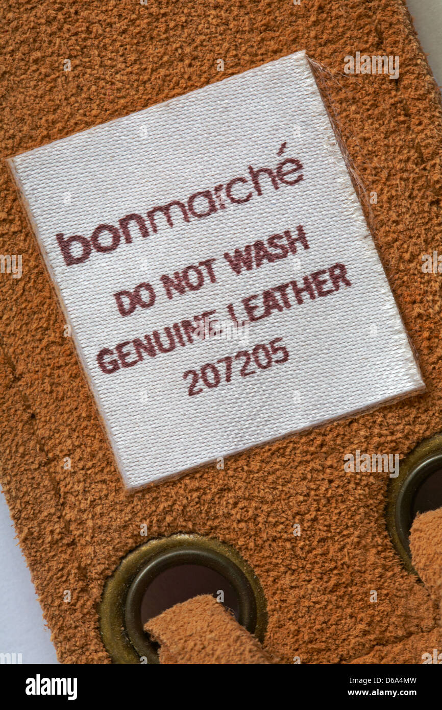 Bonmarche ne pas laver la ceinture en cuir véritable sur l'étiquette Banque D'Images