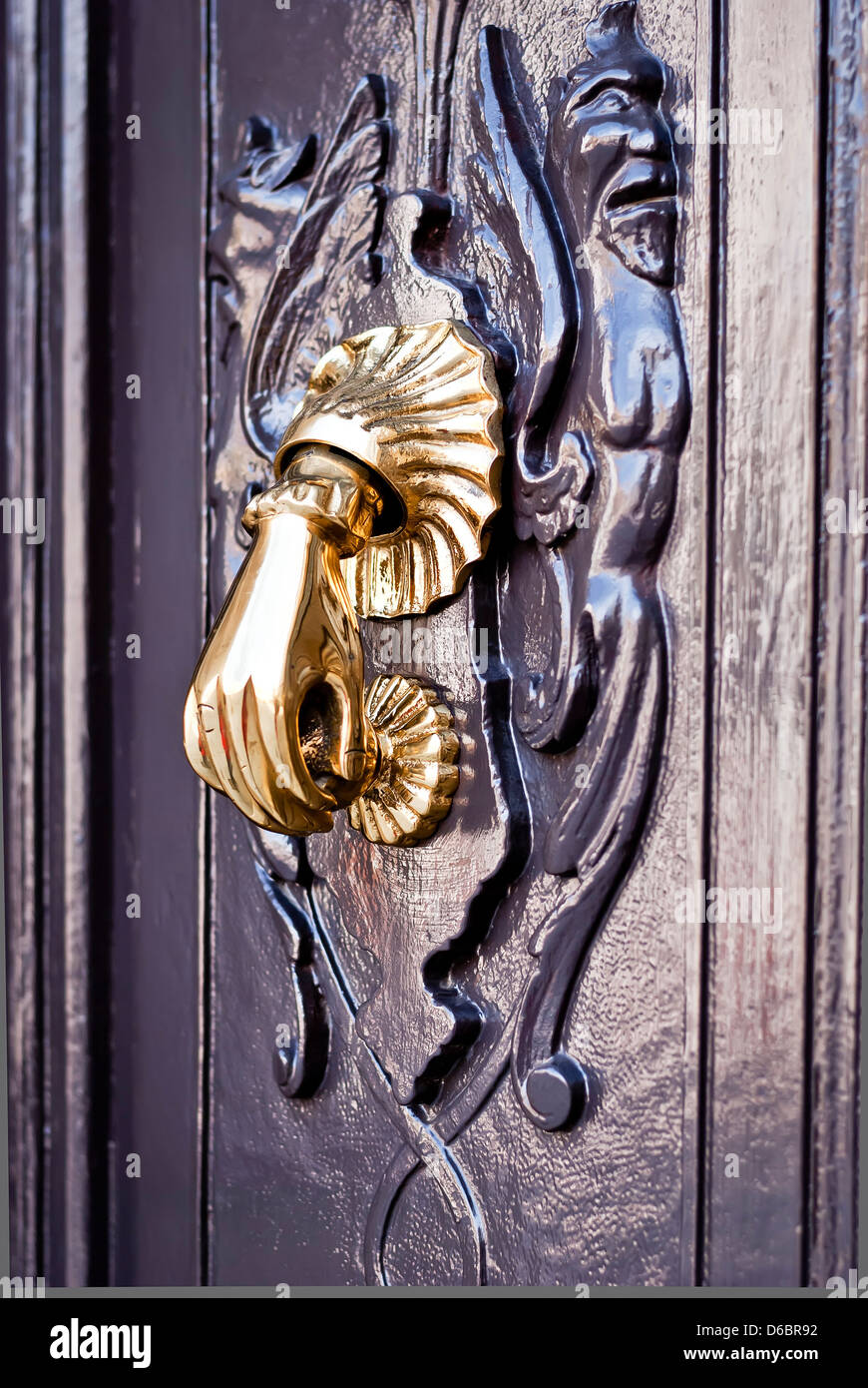 Heurtoir bronze lumineux sur la porte en bois Banque D'Images