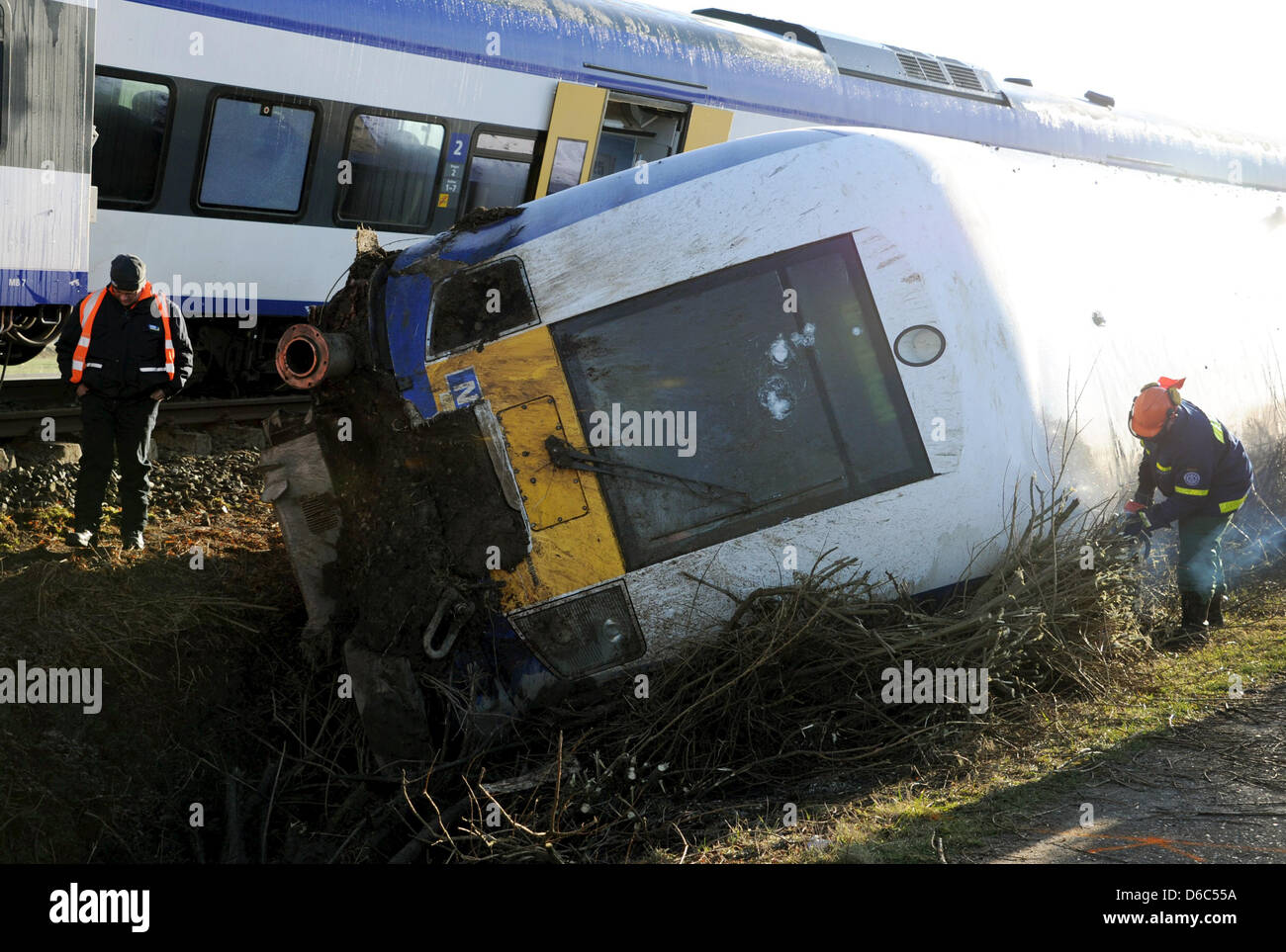 Le travail des aides sur le train eu un accident vendredi soir, 13 janvier 2012, près de la municipalité nord-frison Bargum, Allemagne, 14 janvier 2012. Sur le chemin de l'île de Sylt à Hambourg le train s'est écrasé dans un troupeau de bovins entre Niebuell et Langenhorn. Un wagon a déraillé et l'autre renversé. Le passager a trouvé la mort dans l'accident, plusieurs ont été blessés. Pho Banque D'Images