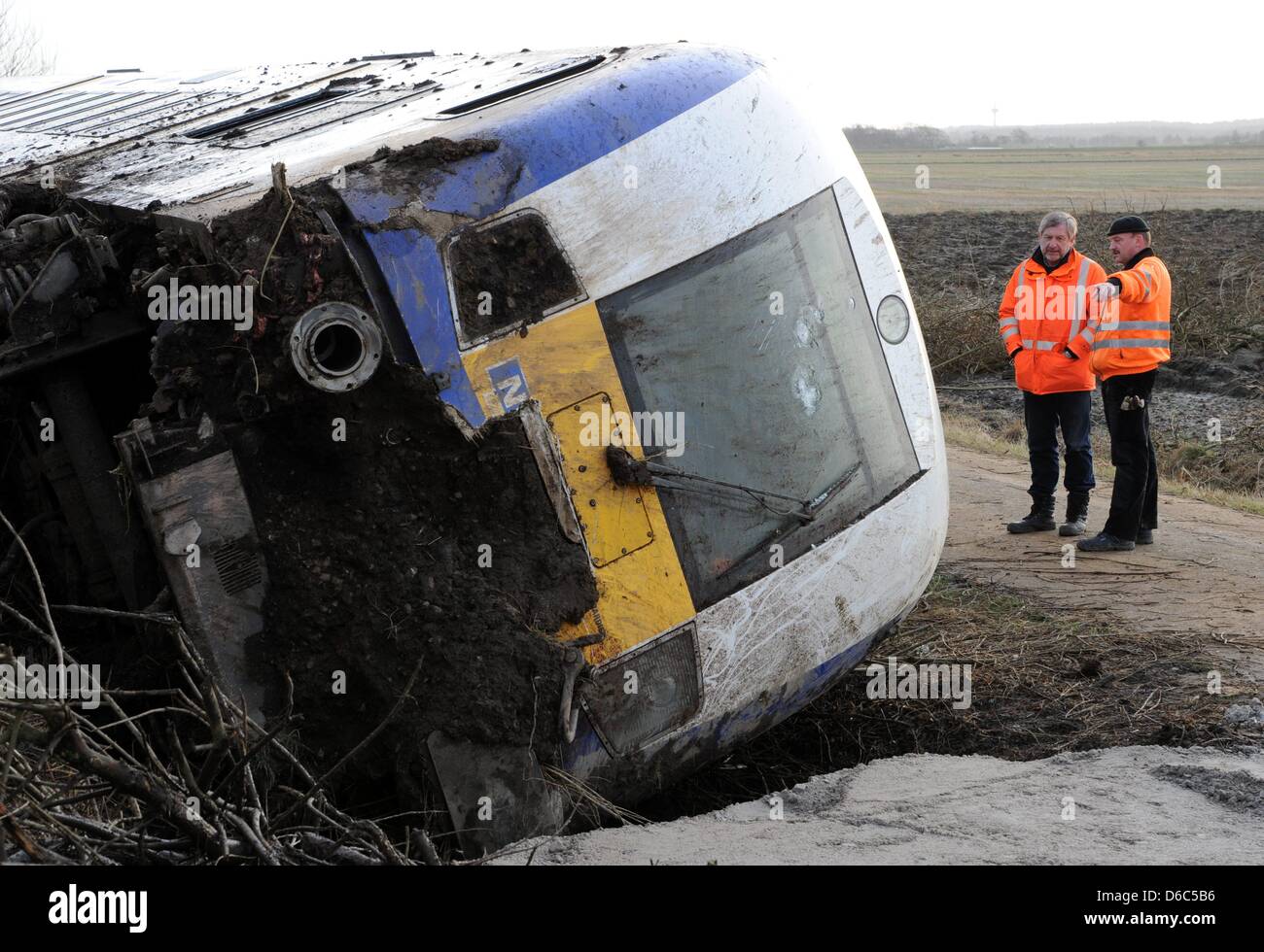 Le train a rencontré un accident, vendredi soir, le 13 janvier 2012, est vu près de la municipalité nord-frison Bargum, Allemagne, 14 janvier 2012. Sur le chemin de l'île de Sylt à Hambourg le train s'est écrasé dans un troupeau de bovins entre Niebuell et Langenhorn. Un wagon a déraillé et l'autre renversé. Le passager a trouvé la mort dans l'accident, plusieurs ont été blessés. Photo : CARS Banque D'Images