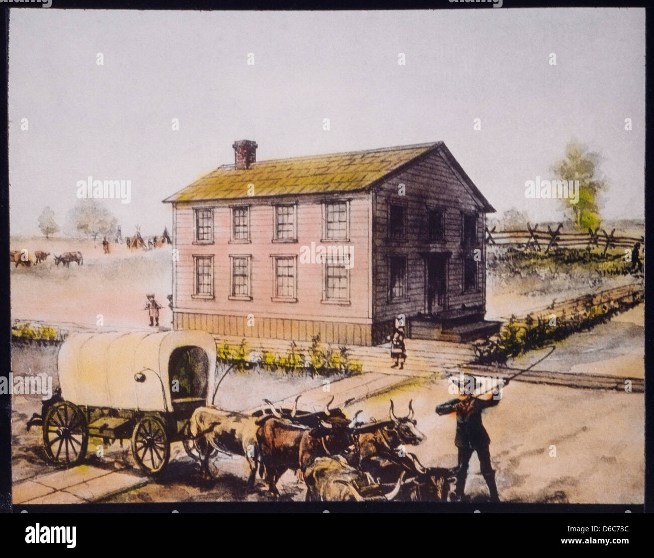 Première école publique à Chicago, Illinois, USA, Hand-Colored Diapositive, vers 1844 Banque D'Images