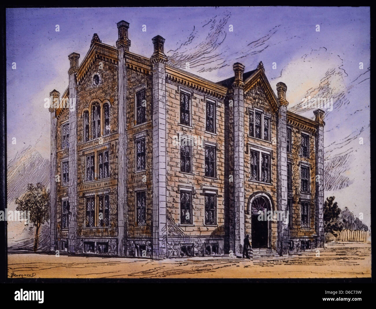 Première école secondaire à Chicago, Illinois, USA, diapositive sur Hand-Colored, 1800 Banque D'Images