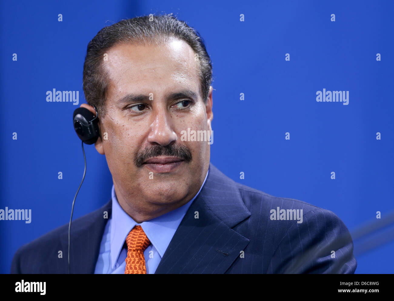 Berlin, Allemagne, 16 avril 2013. Le premier ministre du Qatar Hamad bin Jassim bin Jaber Al Thani prend part à une conférence de presse à la Chancellerie fédérale à Berlin, Allemagne, 16 avril 2013. Photo : KAY NIETFELD/DPA/Alamy Live News Banque D'Images