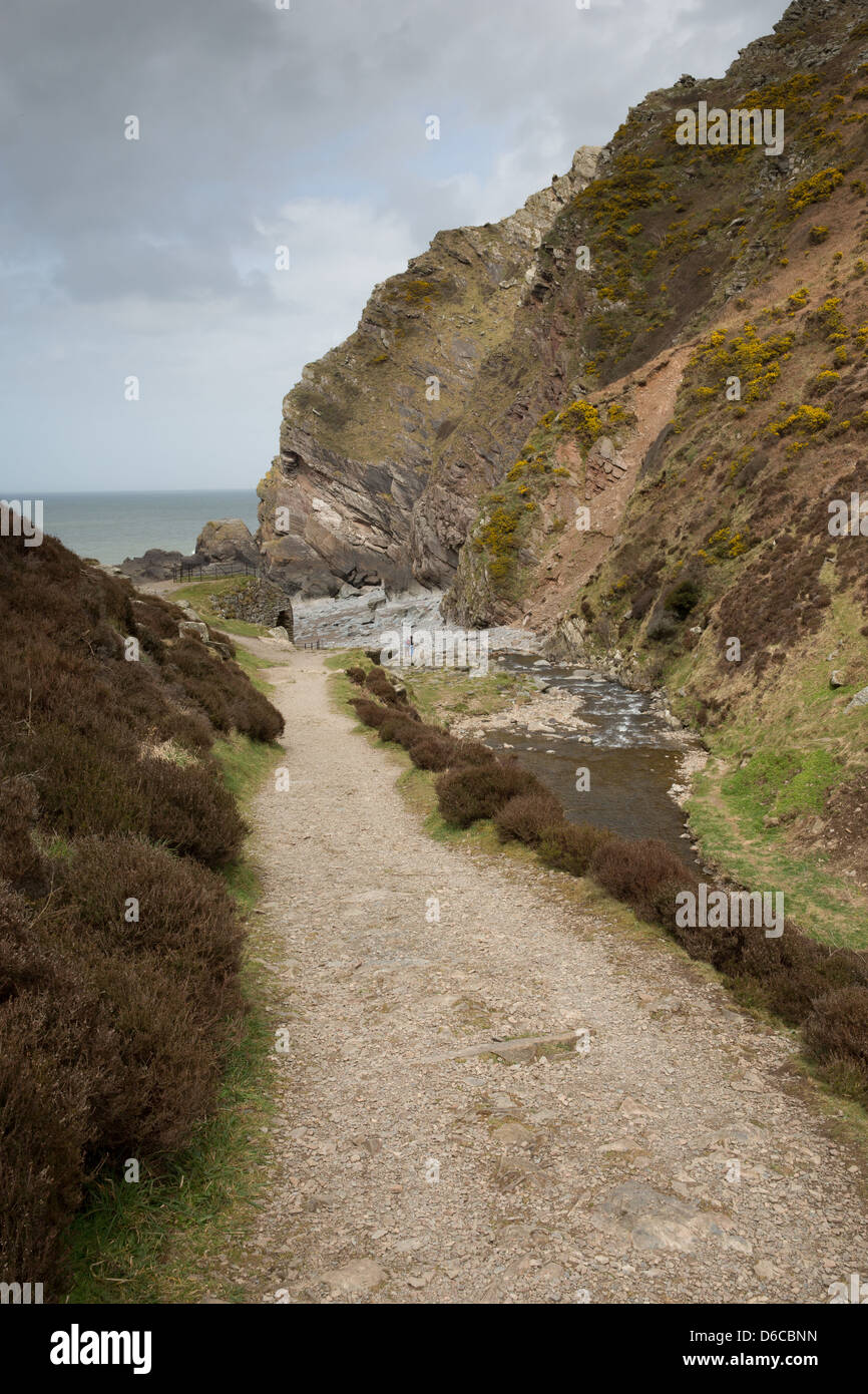 Heddon Valley Parc National d'Exmoor Devon menant à la plage à Heddons bouche. Entouré de collines de Peter Rock et Highveer Banque D'Images